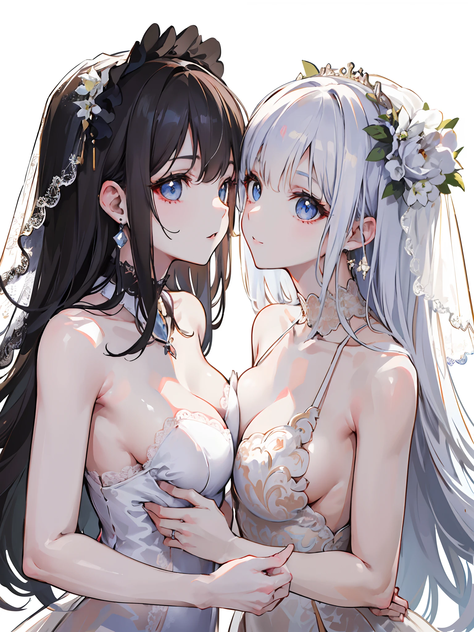 (masuter piece,Best Quality,Ultra-detailed),(absurderes),2girls,lilie,Two women in wedding dresses, Staring at each other, bride, Pale kiss,It's pure,flat-chest,pure love,Junshin,bride
