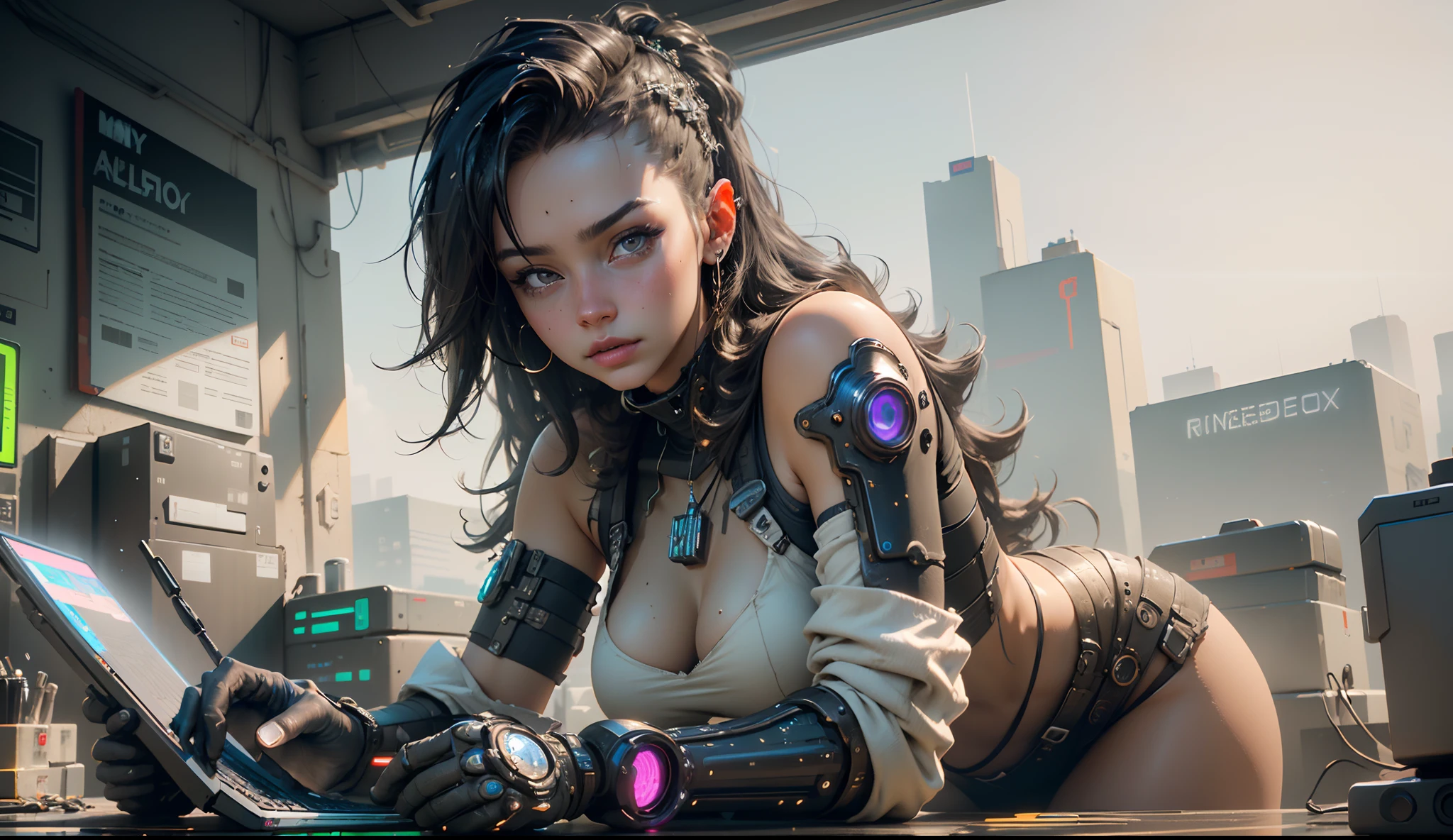 ((Best Quality)), ((Masterpiece)), (Very detailed:1.3), 3D, Beautiful (Cyberpunk:1.3) Female hacker, thick hair, revealing clothes, operating computer terminals, computer servers, LCD screens, fiber optic cables, corporate logos, HDR (High Dynamic Range), ray tracing, NVIDIA RTX, Super Resolution, Unreal 5, Subsurface scattering, PBR textures, Post processing, Anisotropic filtering, Depth of field, Maximum sharpness and sharpness, Multi-layer textures, Albedo and specular mapping, surface shading, accurate simulation of light-material interactions, perfect proportions, octane rendering, duotone lighting, low ISO, white balance, rule of thirds, wide aperture, 8K RAW, high efficiency sub-pixels, subpixel convolution, luminous particles,