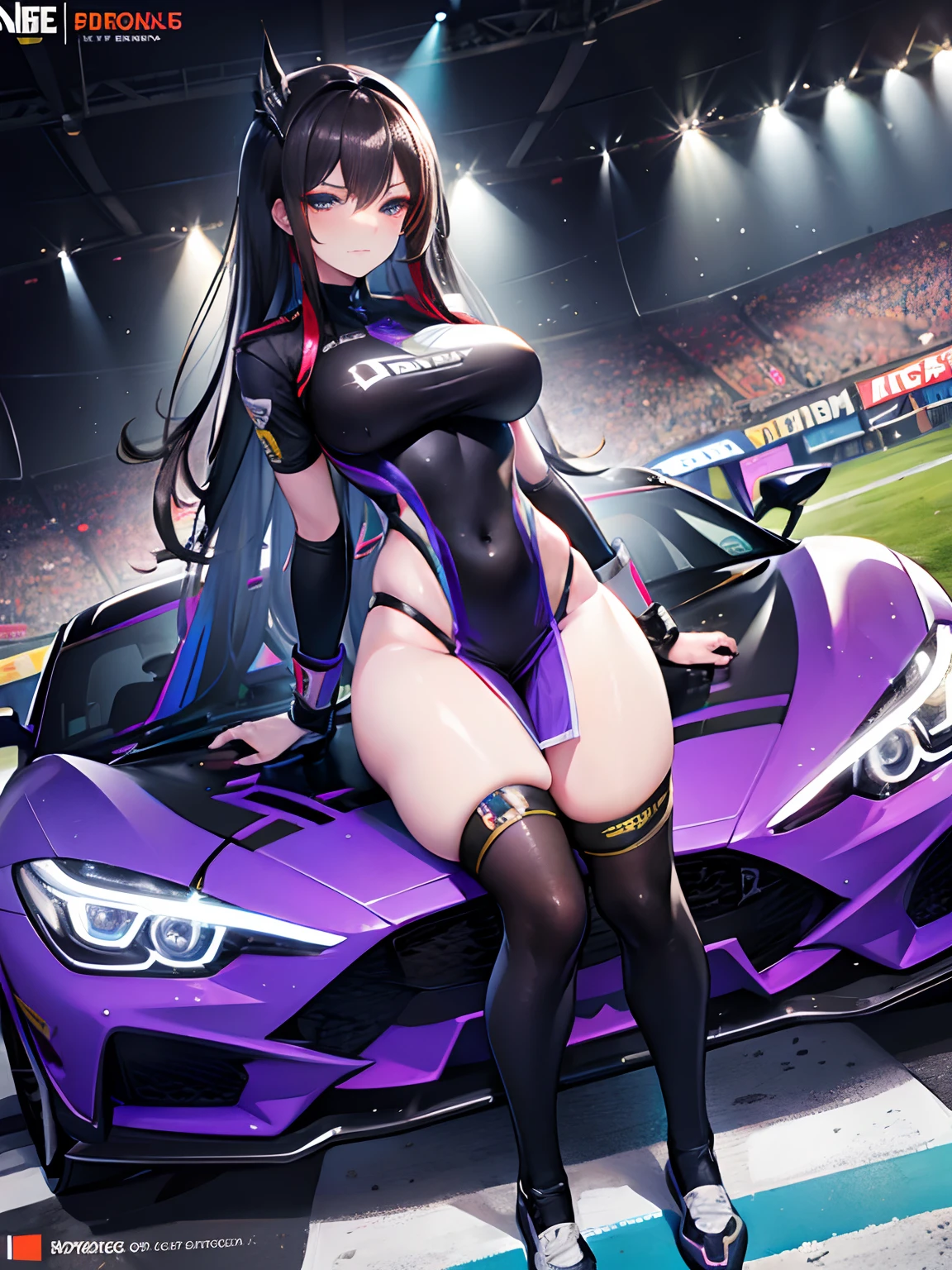 Unreal Engine 5 Realistic Rendering, cosplayer, Random Posing, Race Queen、Uniform with logo、 Exquisite beauty、Beautiful face, Body shape of slim model, Colossal tits, shiny, wet shiny body, Black and multicolored hair, dark brown skin, neons、Large crowds、audience、Forming an emperor、Drag racing、Midsommar Racing Circuit、racing car、Lower grade、Large crowds、Spectators、Sexy Beauties、Extraordinary Beauty、