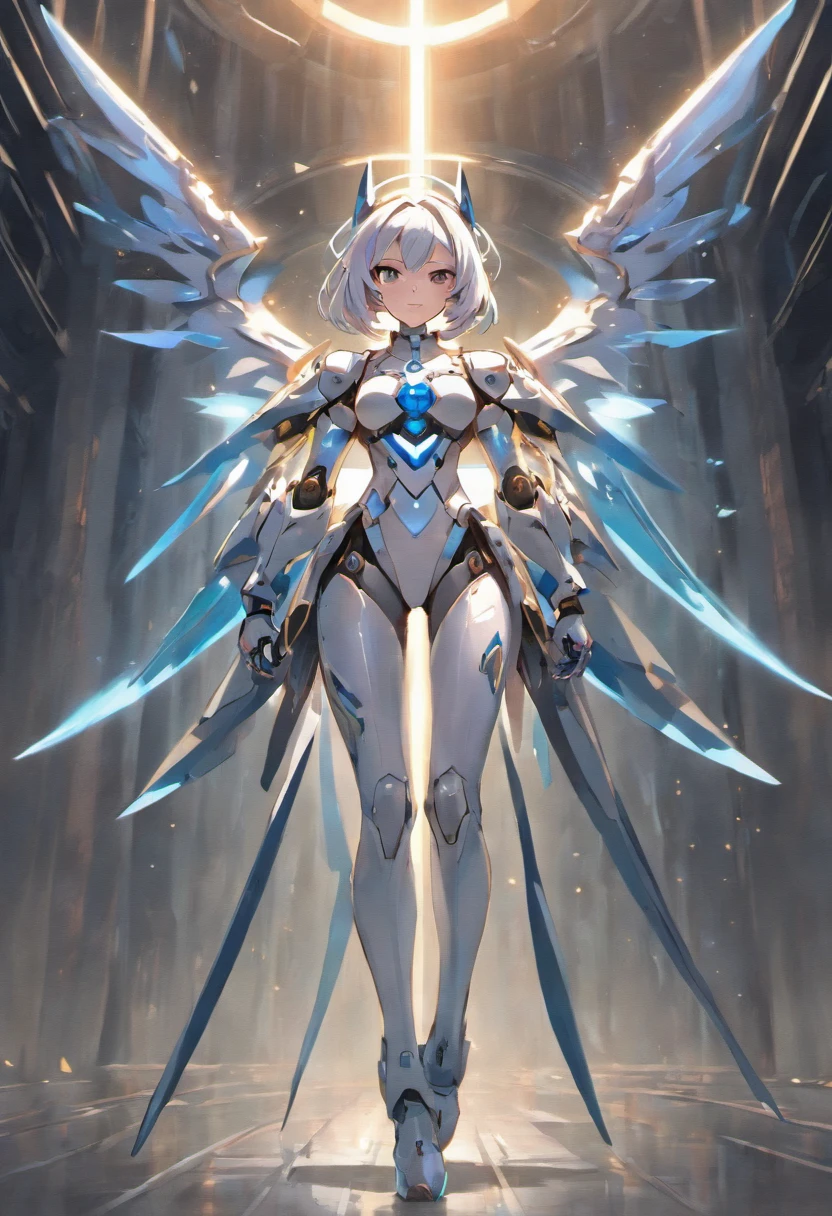 full body shot, hyper realistic, white celestial catwoman mecha bot, wearing minimalist angular mecha gundam mask, wearing cybernetic techwear cloak, with gigantic mechanical Additional Booster wings, sleek design, dark fantasy, futuristic environment, heroic pose, --niji 5