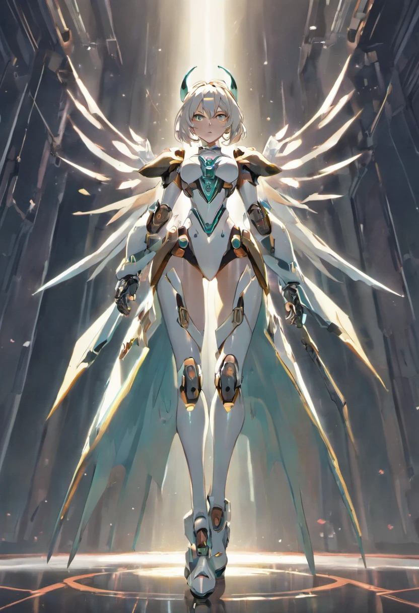 full body shot, hyper realistic, white celestial catwoman mecha bot, wearing minimalist angular mecha gundam mask, wearing cybernetic techwear cloak, with gigantic mechanical Additional Booster wings, sleek design, dark fantasy, futuristic environment, heroic pose, --niji 5