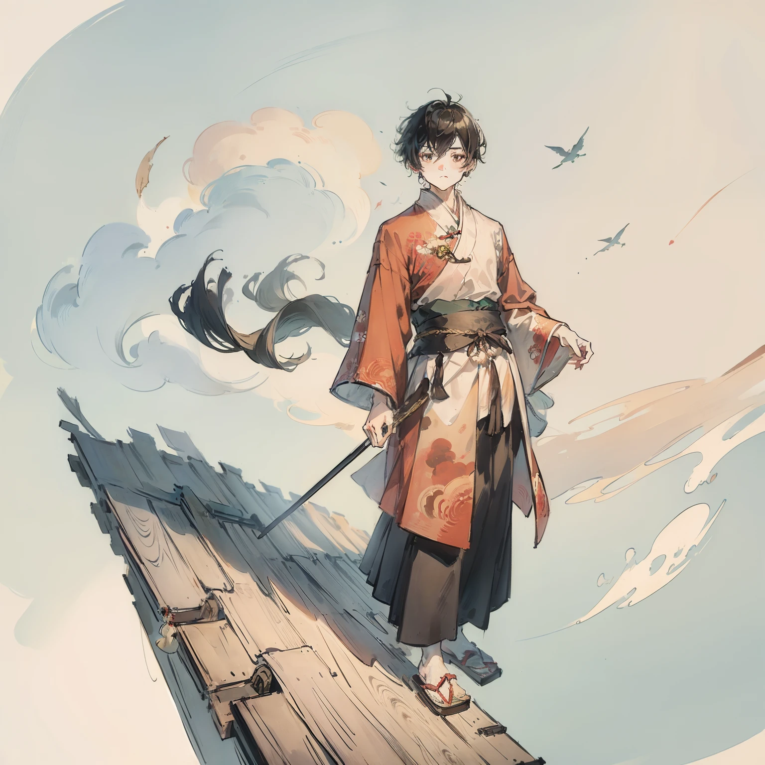 ((4K,Masterpiece,Best quality)), shuimobysim, Traditional Chinese Ink Painting,,  Hanfu, maxikit, conservativelydressed
, Solo, brunette color hair,The boy stands on the eaves, Feet on the roof, com cores neutras