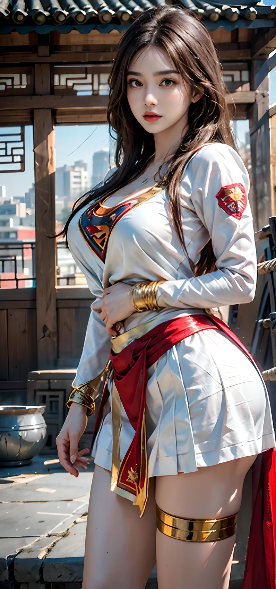 Photorealistic, high resolution, Soft light,1womanl, Solo,, view the viewer, (Detailed face), Long hair, Beautiful girl, Red transparent apron, east asian architecture,architecture, tattoo, jewelry，long leges，Big breasts Thin waist，Buttock augmentation，huge-breasted，Bare breasts，Bare genitalia，Supergirl，Superman uniform，Gold wire embroidery