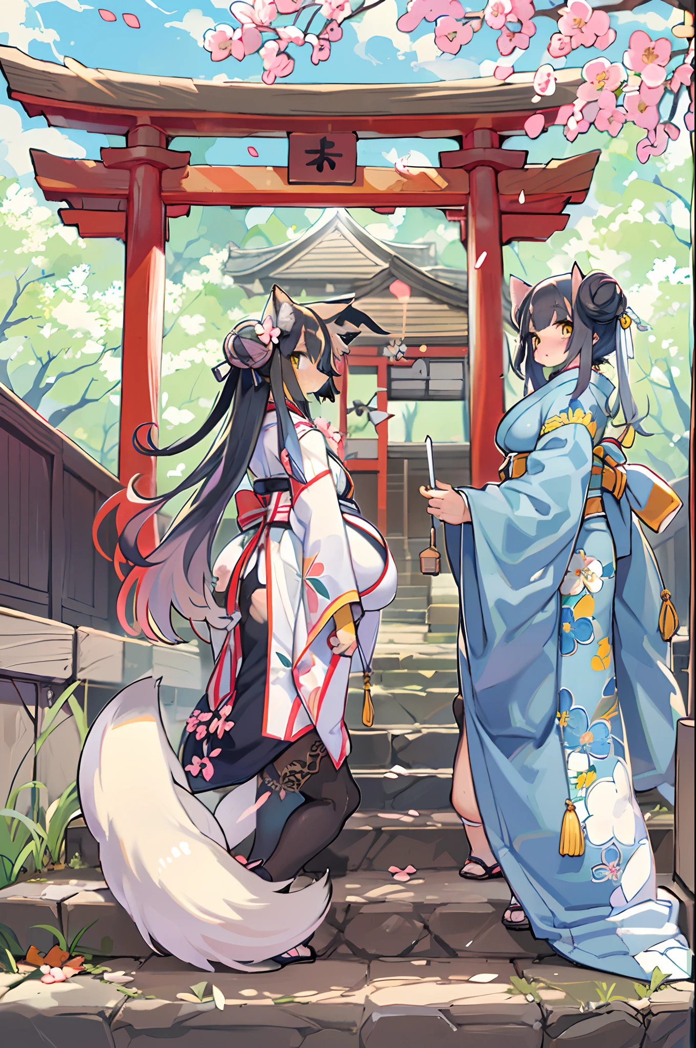 ((masutepiece,Best Quality)),2girls, Black kimono, Black legwear, a black ribbon, Black hair, cherryblossom, day, flower, Hair bun, Hair Ribbon, Komono, Kimono, Long hair, Looking at Viewer, Looking back , Multiple girls, Outdoors, bow ribbon, Sandals, single bun, stairs, Statue, torii gate, tree, Yellow eyes、body covered with fur、huge-breasted、thighs thighs thighs thighs,、bbw、big butts、Ultramammy、(((Fox Woman)))、body covered with fur、kawaii、lesbian、Deep kissing
