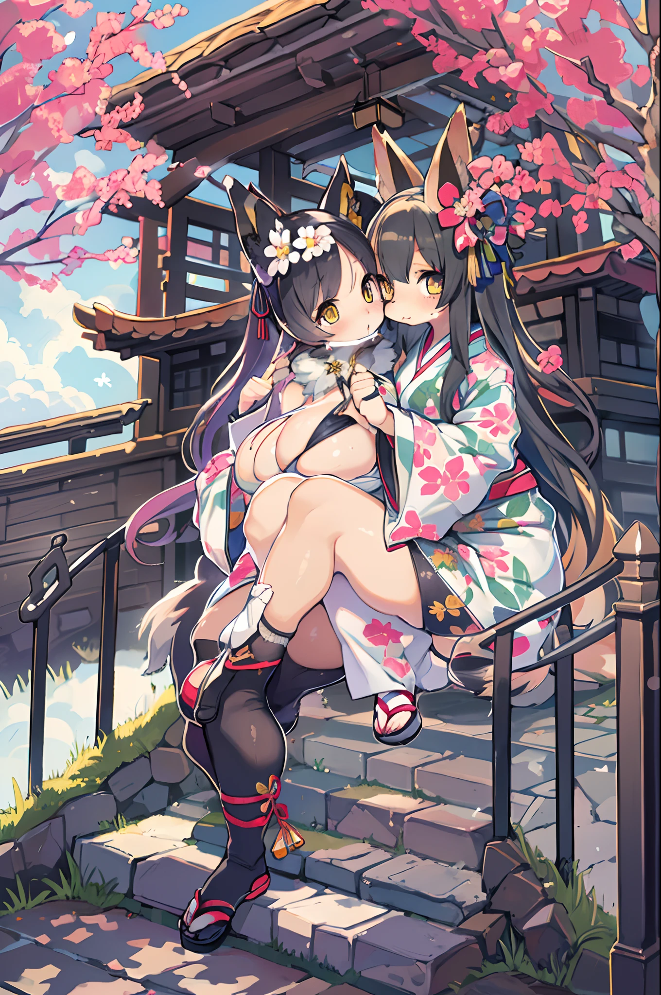 ((masutepiece,Best Quality)),2girls, Black kimono, Black legwear, a black ribbon, Black hair, cherryblossom, day, flower, Hair bun, Hair Ribbon, Komono, Kimono, Long hair, Looking at Viewer, Looking back , Multiple girls, Outdoors, bow ribbon, Sandals, single bun, stairs, Statue, torii gate, tree, Yellow eyes、body covered with fur、huge-breasted、thighs thighs thighs thighs,、bbw、big butts、Ultramammy、(((Fox Woman)))、body covered with fur、kawaii、lesbian、Deep kissing