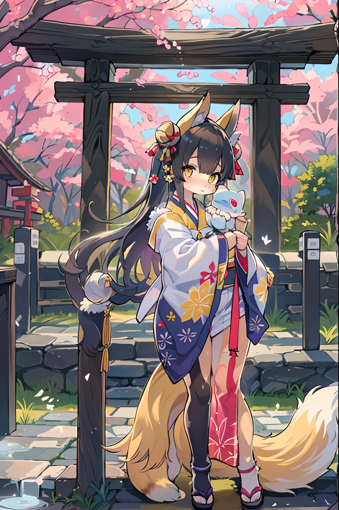 rear Bokeh , hairy fox girl , Short stature , realistic hairy fur , round face , Swollen cheeks , glossy lips , Childish hairstyle , 2 Hair ties , Japanese festivals, hakata yamakasa , happi coats , fundoshi , summer sunny day , cumulonimbus , open mouth smile , eating cotton candy