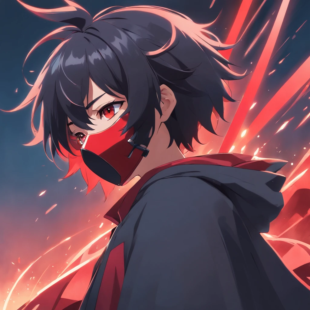 1boy, Cape noir et rouge, mask oni rouges, cheveux noirs, yeux rouges, 8k, war, armure de chevalier noir et rouge,