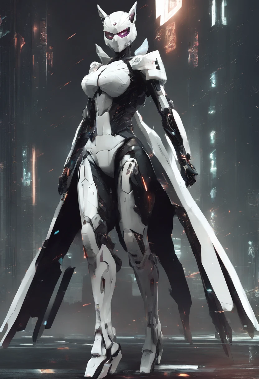 full body shot, hyper realistic, whitecelestial catwoman mecha bot, wearing minimalist angular mecha gundam mask, wearing cybernetic techwear cloak, with gigantic mechanical Additional Booster wings, sleek design, dark fantasy, futuristic environment, heroic pose, --niji 5