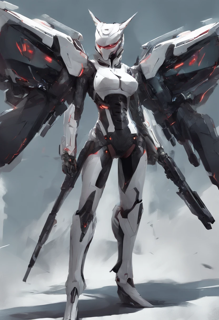 full body shot, hyper realistic, whitecelestial catwoman mecha bot, wearing minimalist angular mecha gundam mask, wearing cybernetic techwear cloak, with gigantic mechanical Additional Booster wings, sleek design, dark fantasy, futuristic environment, heroic pose, --niji 5