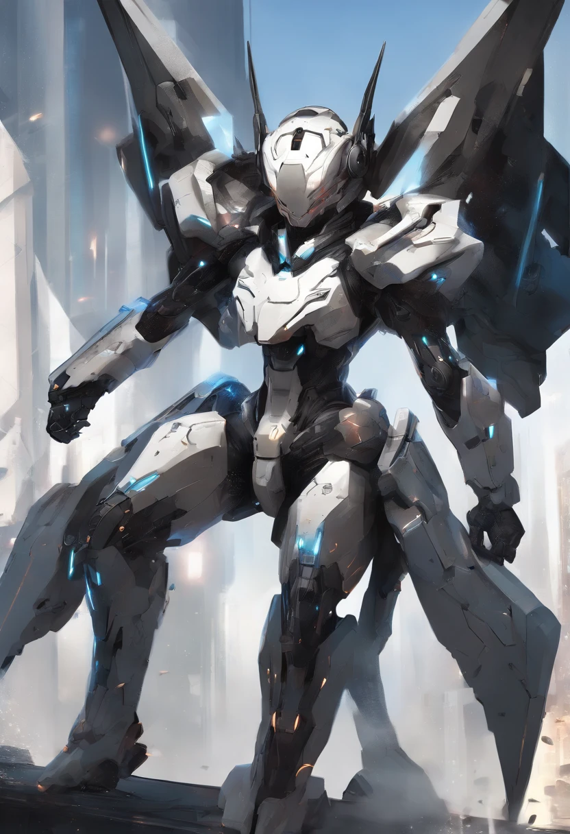 full body shot, hyper realistic, whitecelestial catwoman mecha bot, wearing minimalist angular mecha gundam mask, wearing cybernetic techwear cloak, with gigantic mechanical Additional Booster wings, sleek design, dark fantasy, futuristic environment, heroic pose, --niji 5