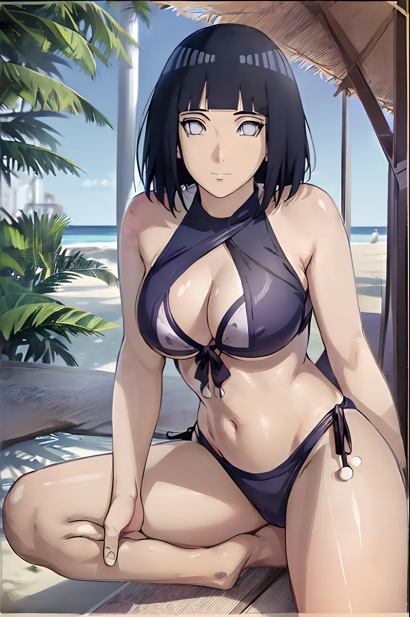 (WALLPAPER, epic style, ((scene inside photo frame, framed photo, photograph)),  (hinata\(boruto\), (((transparent bikini))), masterpiece, 4k, vector coloring, whole body shot, (high color saturation), contrast lighting, mature female, (curvy:0.8), solo, anime style, sharp focus, professional artwork, intricate details, colorful, vibrant colors, vivid colors, digital blending, ultra detailed body, ultra detail hair, ultra detail face, trending on pixiv, very hot colors, (((beach background, outdoors))), detailed bold arm lines, high color saturation, bold lines, bold drawing lines),
((sexy pose)), (head tilt), closed mouth, kind smile, cute look, cute, cute face),
((dark blue hair color:1.1), wavy hair, ((short hair, hime cut)),
(perfect eyes, white sciera, bright eyes, white eyes, anime eyes, smoky eyeliner, eyeshadow)
(white skin, (fair skin), slender body, milf, perfect face),
(legs, big breasts, off-shoulders, (detailed shoulders, detailed arm lines, little biceps lines)), 
(bare shoulders, bare legs, (both hands on boobs),