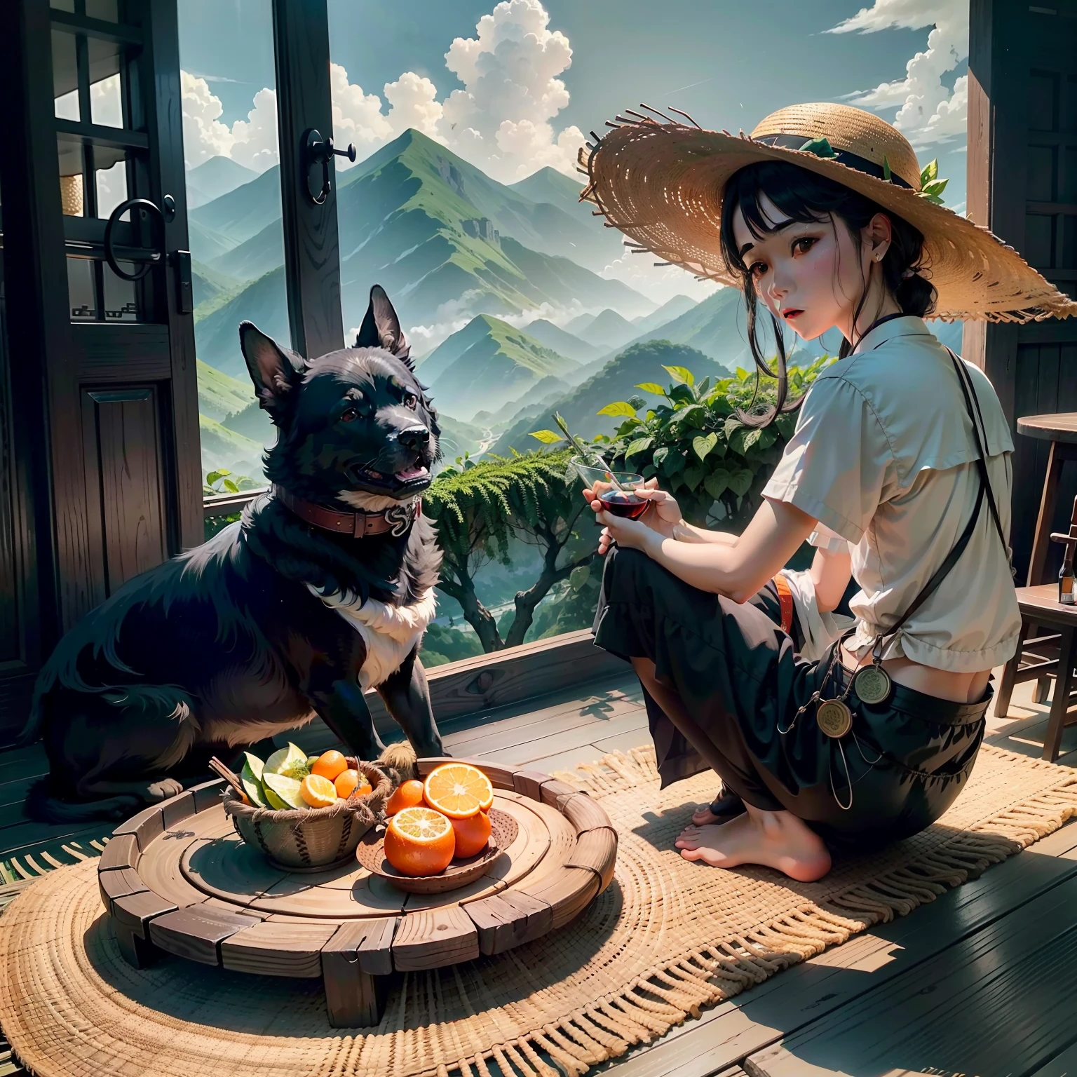I looked up，Saw the green mountains，Bow down reverently。Seven coins in the straw hat，
Scrub orange，The way home。A black dog，
Pick up the bones on the side of the wine table。