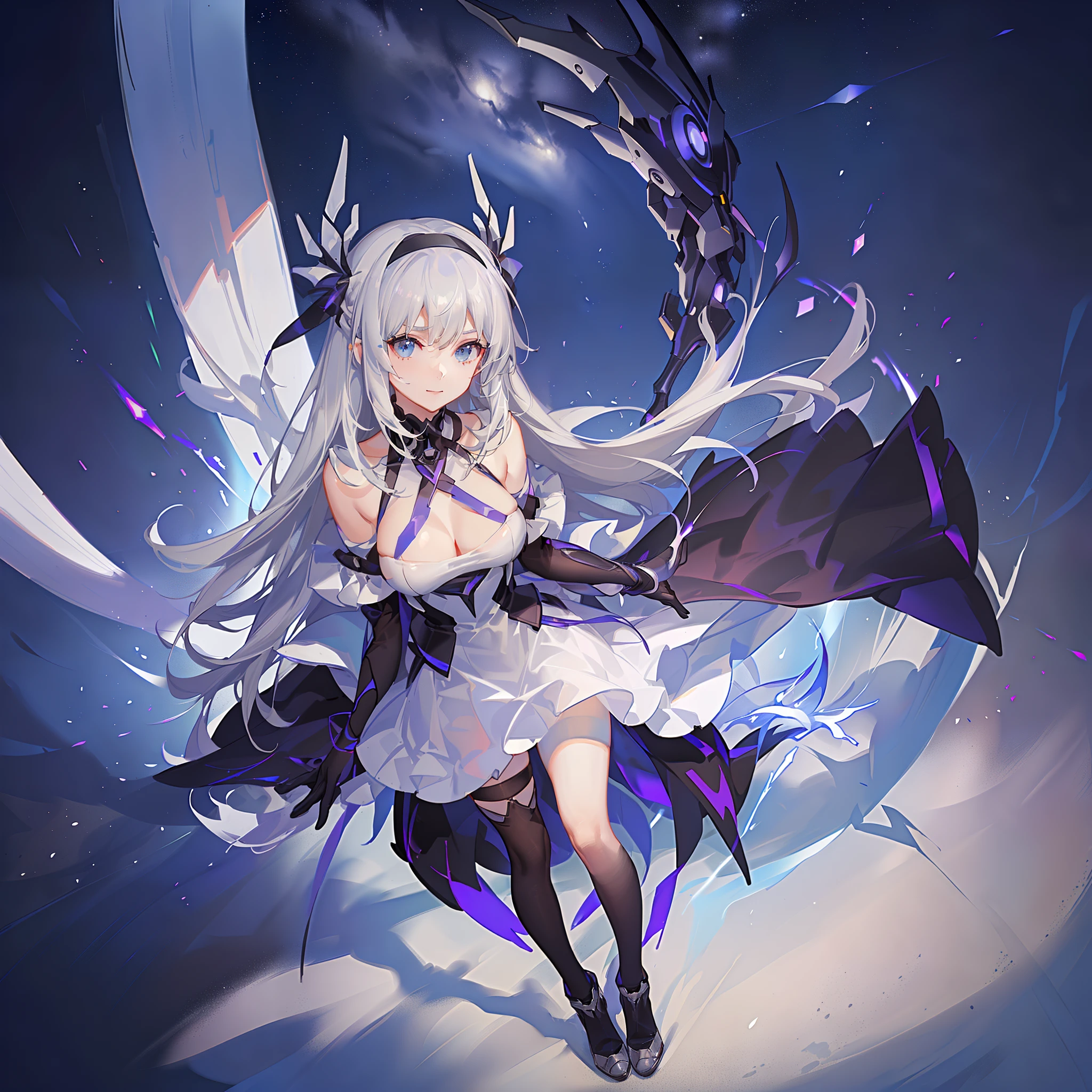 White off-the-shoulders cover the neck with short sleeves,Short light gray skirt,Futuristic technology sense dress,White futuristic technology stockings,A hand on his chest,The other hand is likened to Yah's gesture,Long colorful hair and waist,Large hairbands,Leaning against a railing,Slanted hair curtains,Air bangs,A sense of future technology,Surrounded by black two-dimensional space,horizon,starrysky