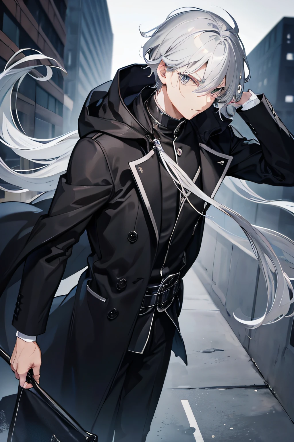 ((tmasterpiece,best qualtiy,4k,gelbooru,pixiv,best qualtiy,hyper-detailing)),warmly lit,1 man,Young adults,Beautiful young man,((whaite hair,long whitr hair,Hairy bangs,Long messy hair)),((devil horns)),((blue color eyes,sharp sharp eyes)),starrysky,scowling,detailed city background,((Very long black colored pants,Black loose pants,)),,((Sit at the top of the church tower,Night city in the background,bird's eyes view)),Very modern futuristic environment