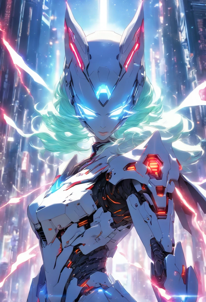 full body shot, hyper realistic, white celestial catwoman mecha bot, wearing minimalist angular mecha gundam mask, wearing cybernetic techwear cloak, with gigantic mechanical Additional Booster wings, sleek design, dark fantasy, futuristic environment, heroic pose, --niji 5
