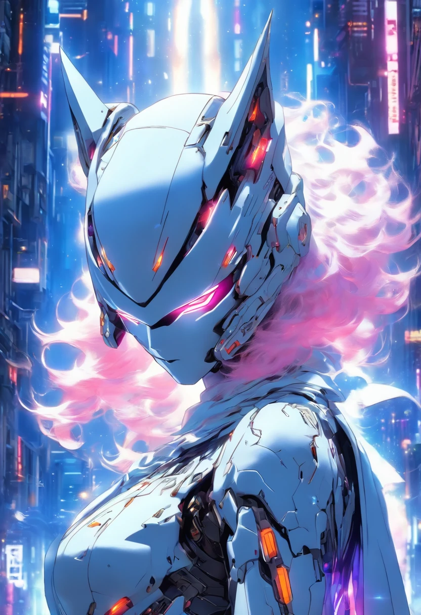 full body shot, hyper realistic, white celestial catwoman mecha bot, wearing minimalist angular mecha gundam mask, wearing cybernetic techwear cloak, with gigantic mechanical Additional Booster wings, sleek design, dark fantasy, futuristic environment, heroic pose, --niji 5