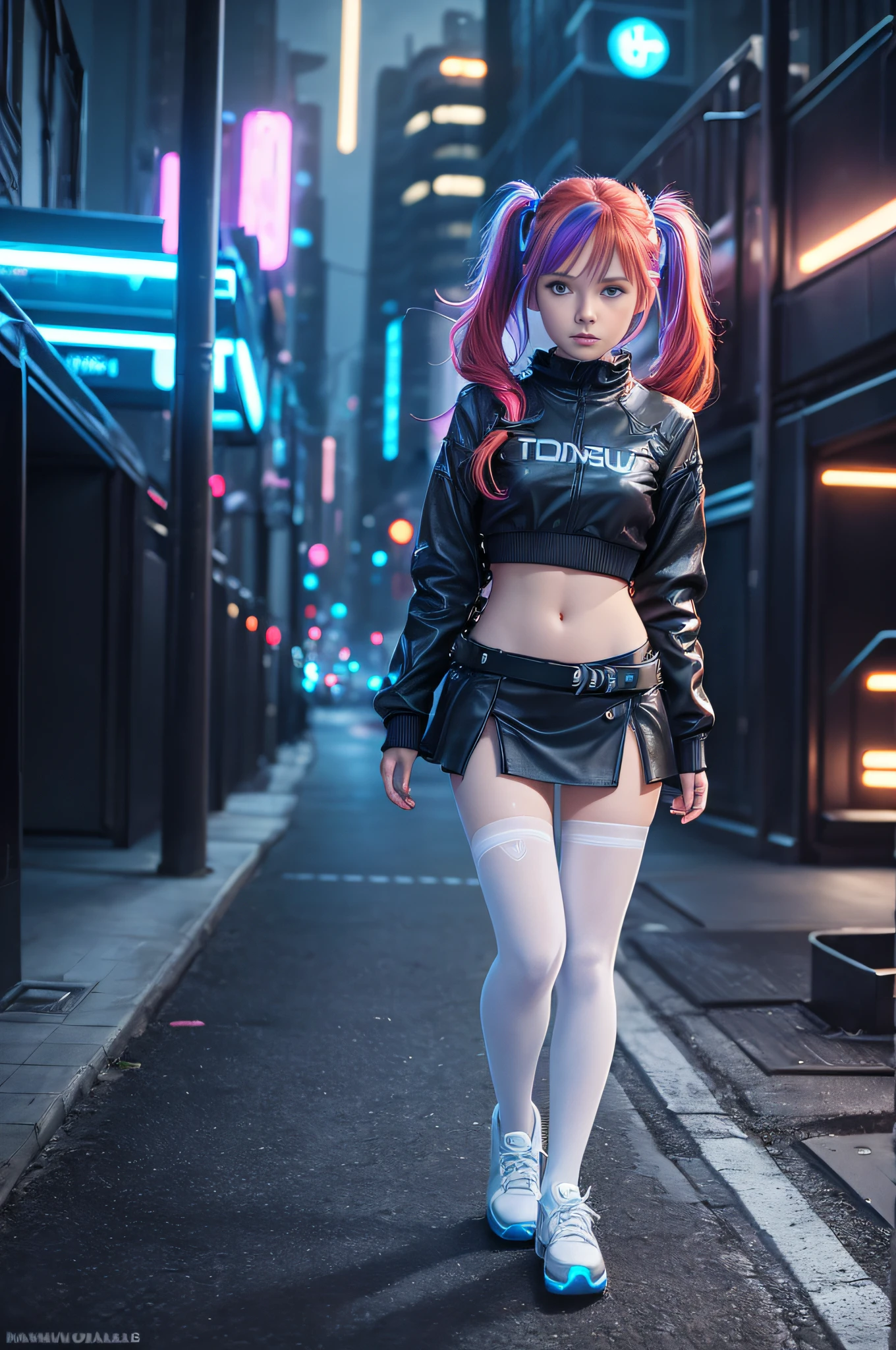 1 girl, solo, (nsfw), cute redhead 18-year-old girl in twin tails, ((perfect female body)), (cute face make up), multiple (rainbow colored hair: 1.2), (beautiful detailed blue eyes: 1.6), (photo realistic eyes: 1.6), happy, Ukrainian, (petite body), ((small hips)), pale white skin, (mini skirt and tube top), (matte pantyhose: 1.6), (("TRON LEGACY futuristic city" style background)), (night time:1.2), photo realistic.