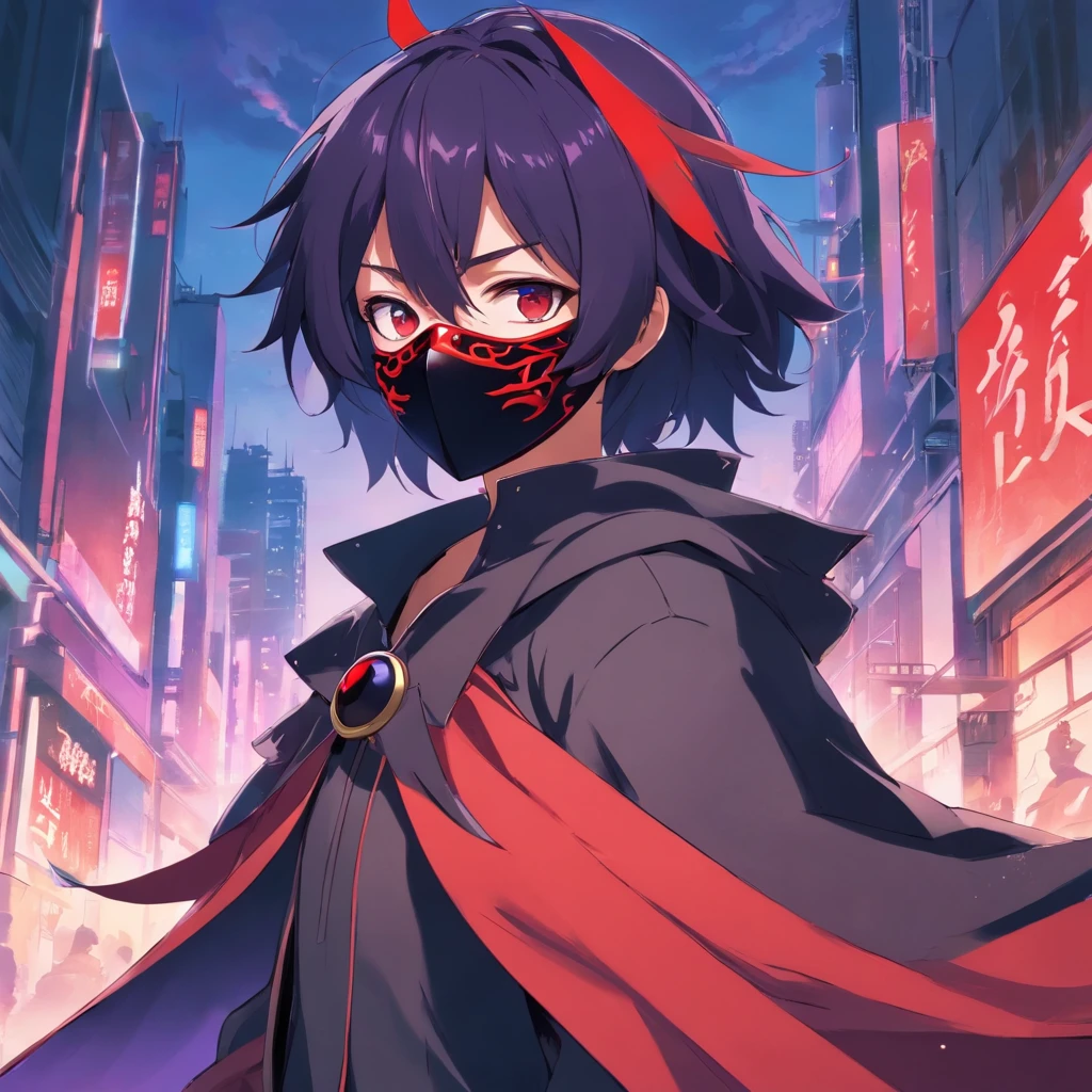 1boy, Cape noir et rouge, mask oni rouges, cheveux noirs, yeux rouges et purple, 8k, war, armure de chevalier ???? et rouge,
