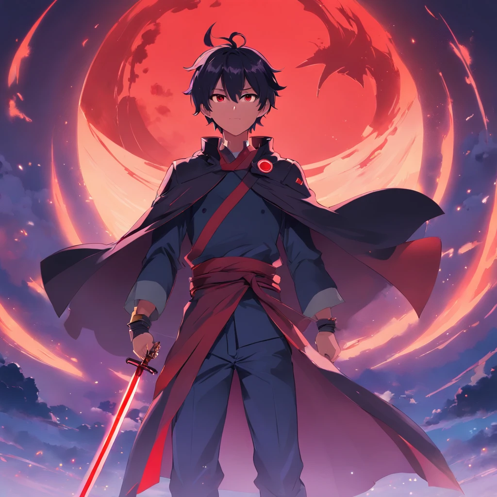 1boy, Cape noir et rouge, mask oni rouges, cheveux noirs, yeux rouges et purple, 8k, war, armure de chevalier noir et rouge,