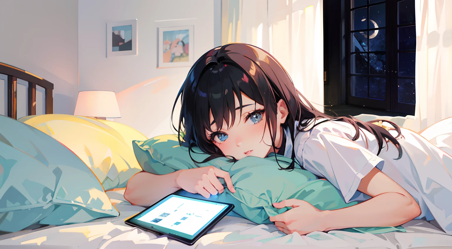 Anime girl lying in bed with tablet computer in hand, anime style 4 k, digital anime illustration, guweiz on pixiv artstation, digital art ilya kuvshinov, 4k Race Manga wallpaper, digital art on pixiv, Leisurely, Ilya Kuvshinov. 4 k, digital anime art, nightcore