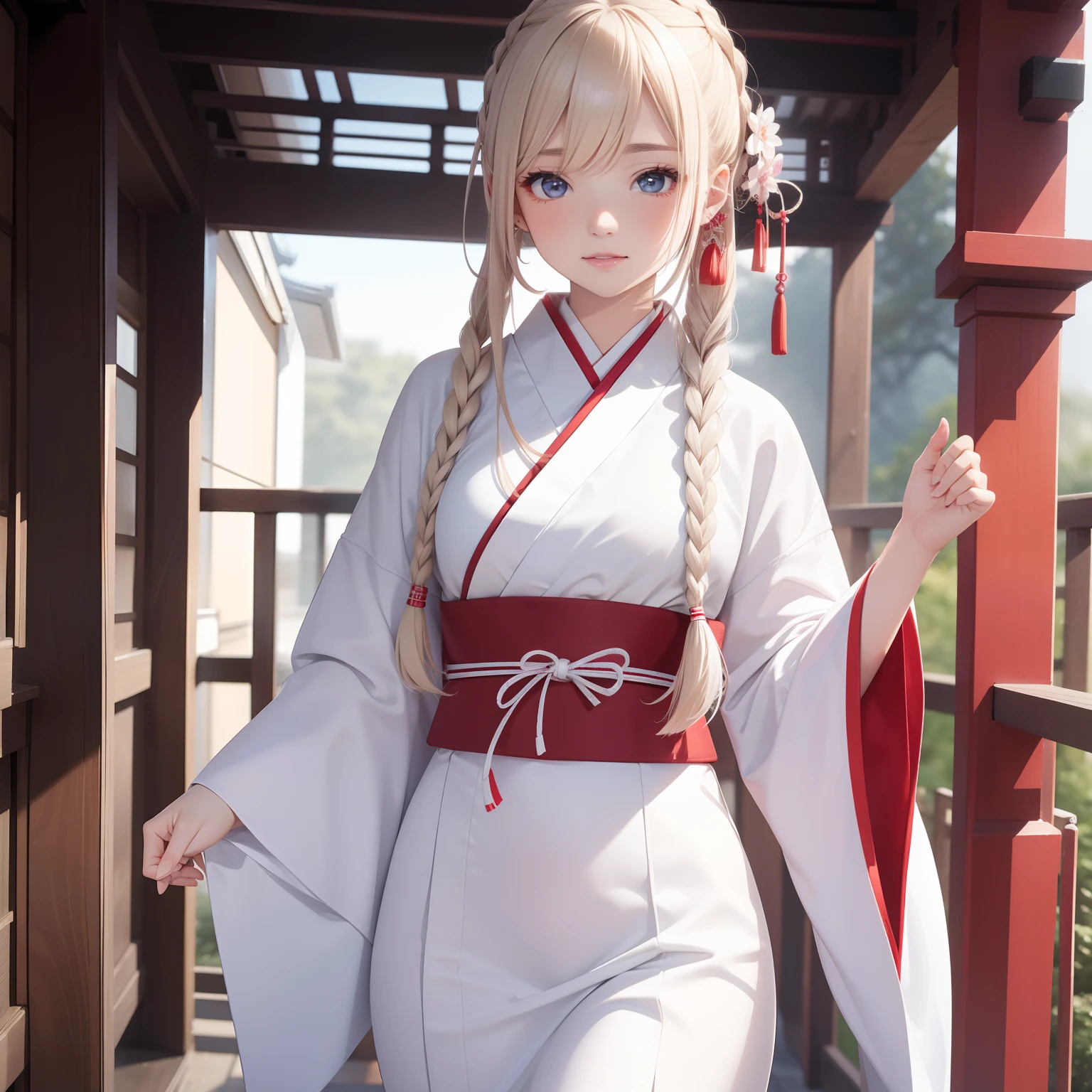 Outstanding woman in style with long blonde hair and long eyelashes wearing white patterned kimono is posing provocatively