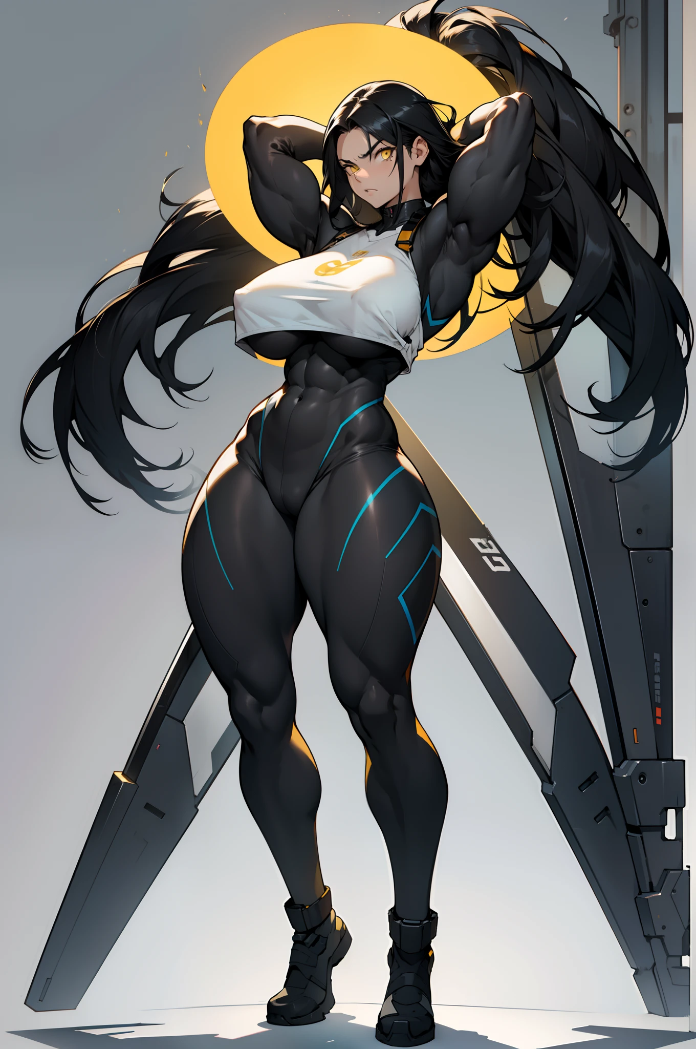 grey background, solo, 1 girl, bodysuit, very long hair, black hair, angry, yellow eyes, (((muscular))), ((huge tits)), (thick thighs)), ((wide hips)), (full body), pale skin, arms over head