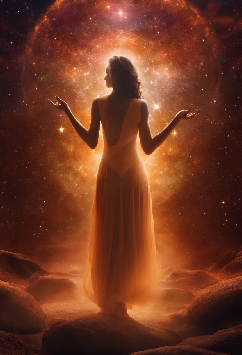 Mystical woman in the middle of the universe Astral body, deep meditation, Etéric atmosphere, Aurico