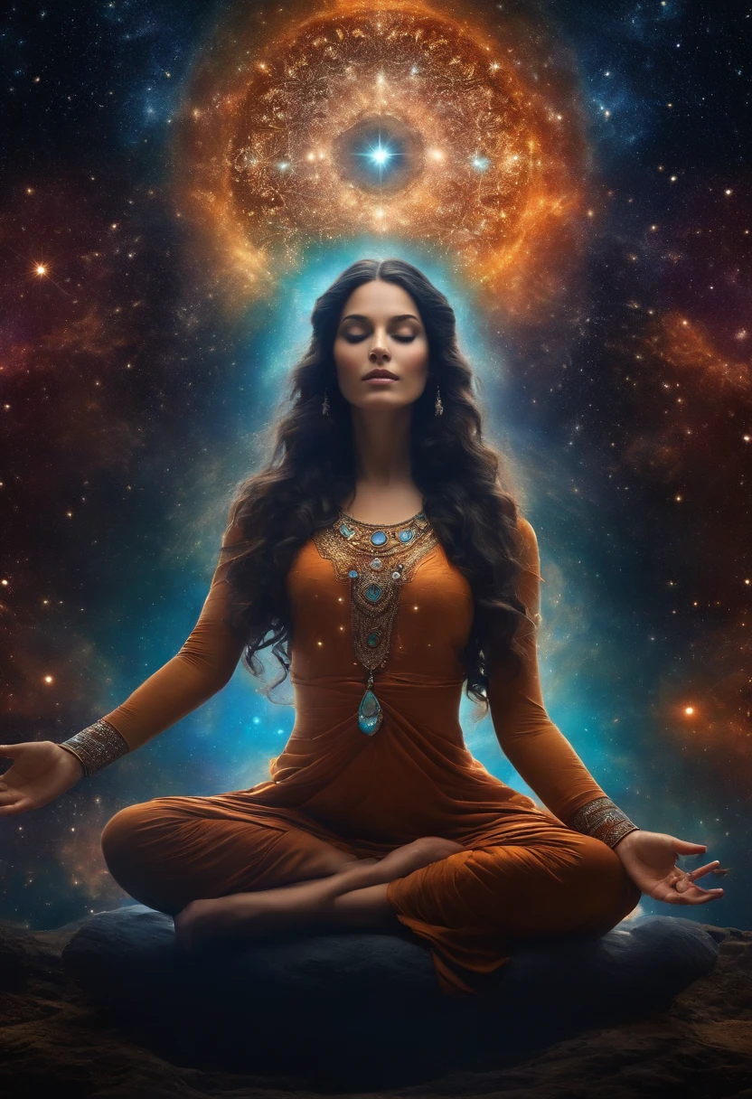 Mystical woman in the middle of the universe Astral body, deep meditation, Etéric atmosphere, Aurico
