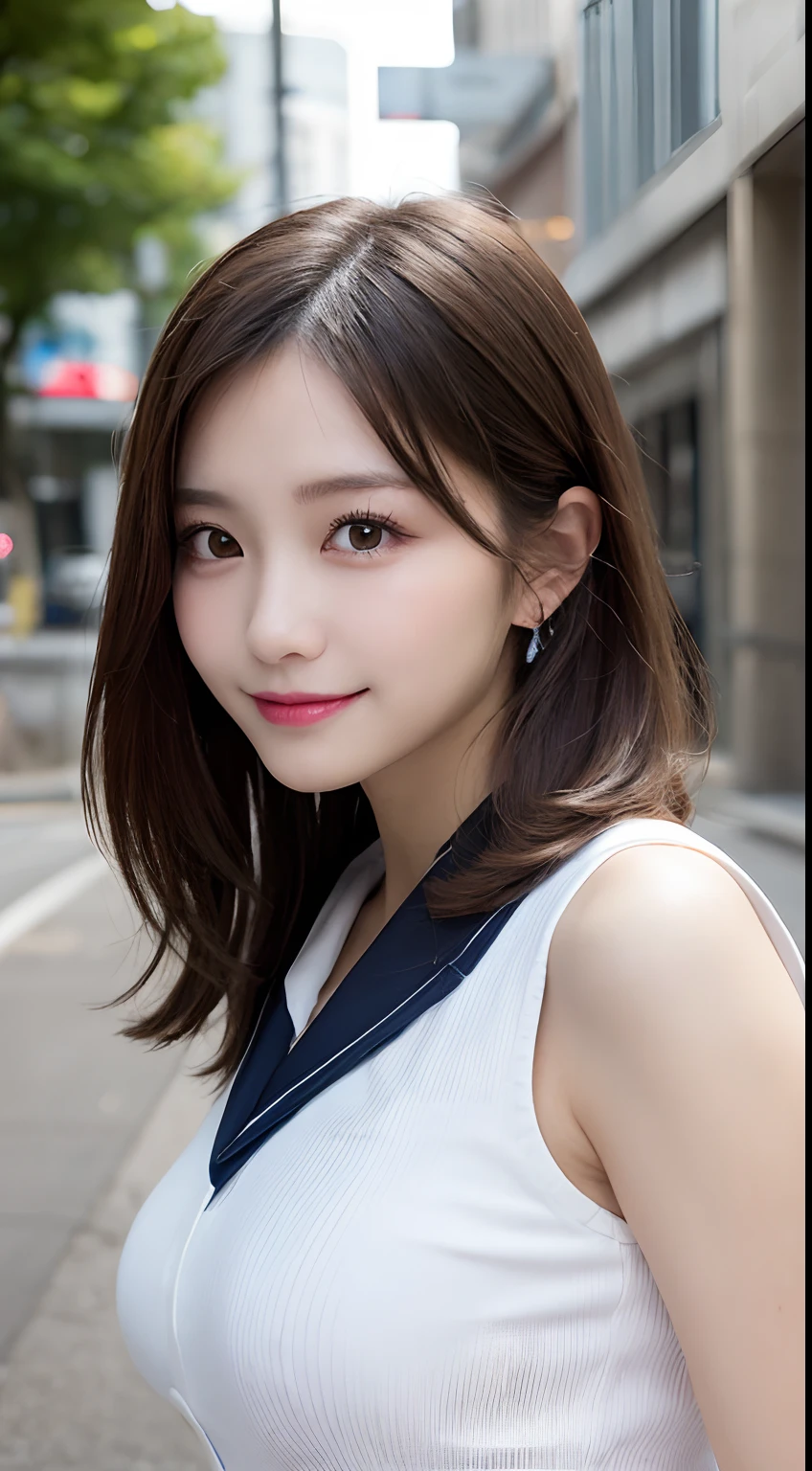 Upper Body、Beauty、Well-formed face、20-year-old、Uniform eyes、Small face、, light brown hair, hair over shoulder, parted bangs, straight hair, expressive hair, shiny hair, earrings, seductive smile, Surrealism, cinematic lighting, first-person view, pov, f/1.2, Nikon, UHD, textured skin, best quality, highres, 8k