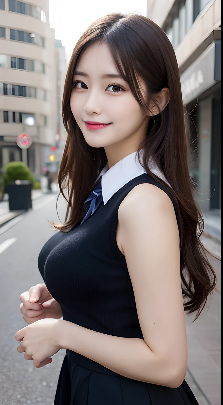 校服, Best Quality, Ultra-detailed, finely detail, hight resolution, 8K Wallpaper, Perfect dynamic composition, Beautiful detailed eyes, doress,Medium Hair, Big breasts, Natural Color Lip, Random and sexy poses,Smile,Aoyama Street Walk、A 24-year-old girl