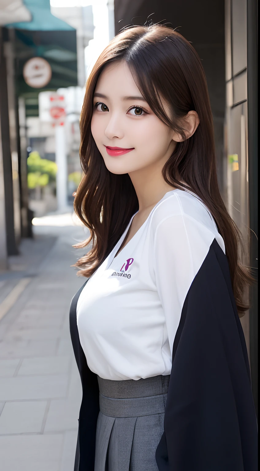 校服, Best Quality, Ultra-detailed, finely detail, hight resolution, 8K Wallpaper, Perfect dynamic composition, Beautiful detailed eyes, doress,Medium Hair, Big breasts, Natural Color Lip, Random and sexy poses,Smile,Aoyama Street Walk、A 24-year-old girl