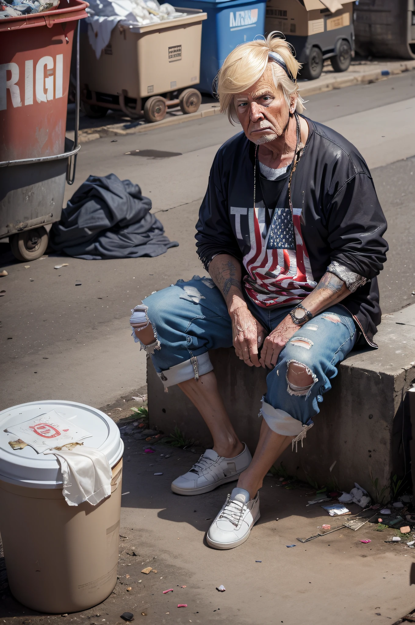 U.S. President Donald Trump looks old, Donald Trump looks like a beggar, Donald Trump looks homeless, (Ridge clothes:1.4), torn clothing, (rags:1.2), Messy hair, foto realista, Nikon D7000, ISO 120, Garbage dump in the background, Garbage dump in the background