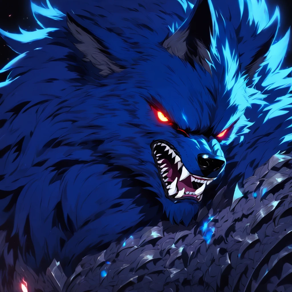 Werewolf, blue-black fur, silver dark armor, nose horn, metal wings, glowing white eyes, Masterpiece, Best Quality