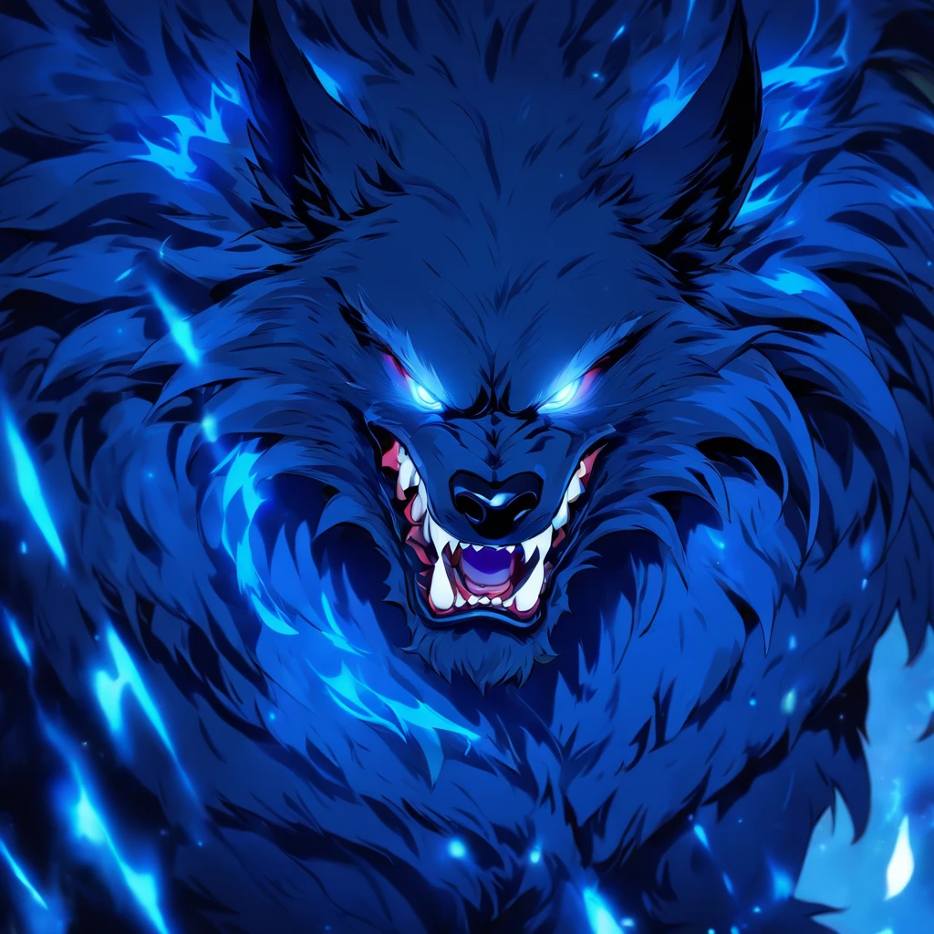 Werewolf, blue-black fur, silver dark armor, nose horn, metal wings, glowing white eyes, Masterpiece, Best Quality