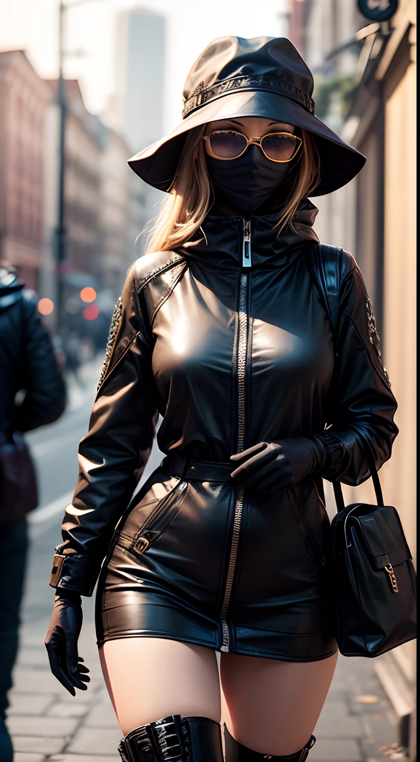 photo realistic, 1 beautiful lady, solo, wearing bank robber costume, dark color clothing, balaclava mask, black gloves, black boots, sun glasses, a dark-colored fedora hat, black duffle bag, volumetric light, 8k, masterpiece, intricately detailed,