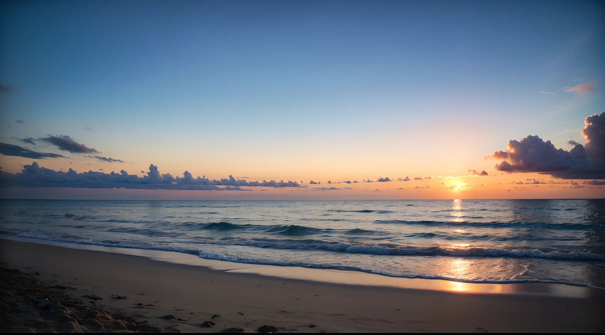 Dusk at the end of summer,The coast makes you feel the beginning of autumn、sand beach、Mare、very real、photo-like、 masutepiece, Best Quality, hight resolution, 8K