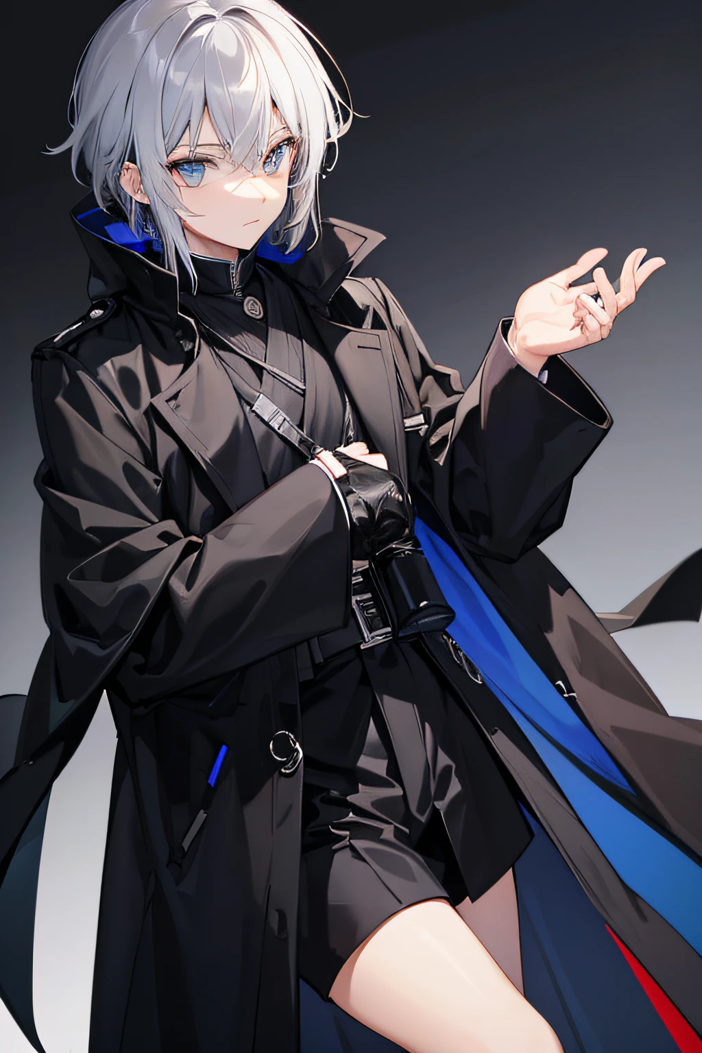Wearing a long black coat、with gray hair{grey eyes}Young Men of