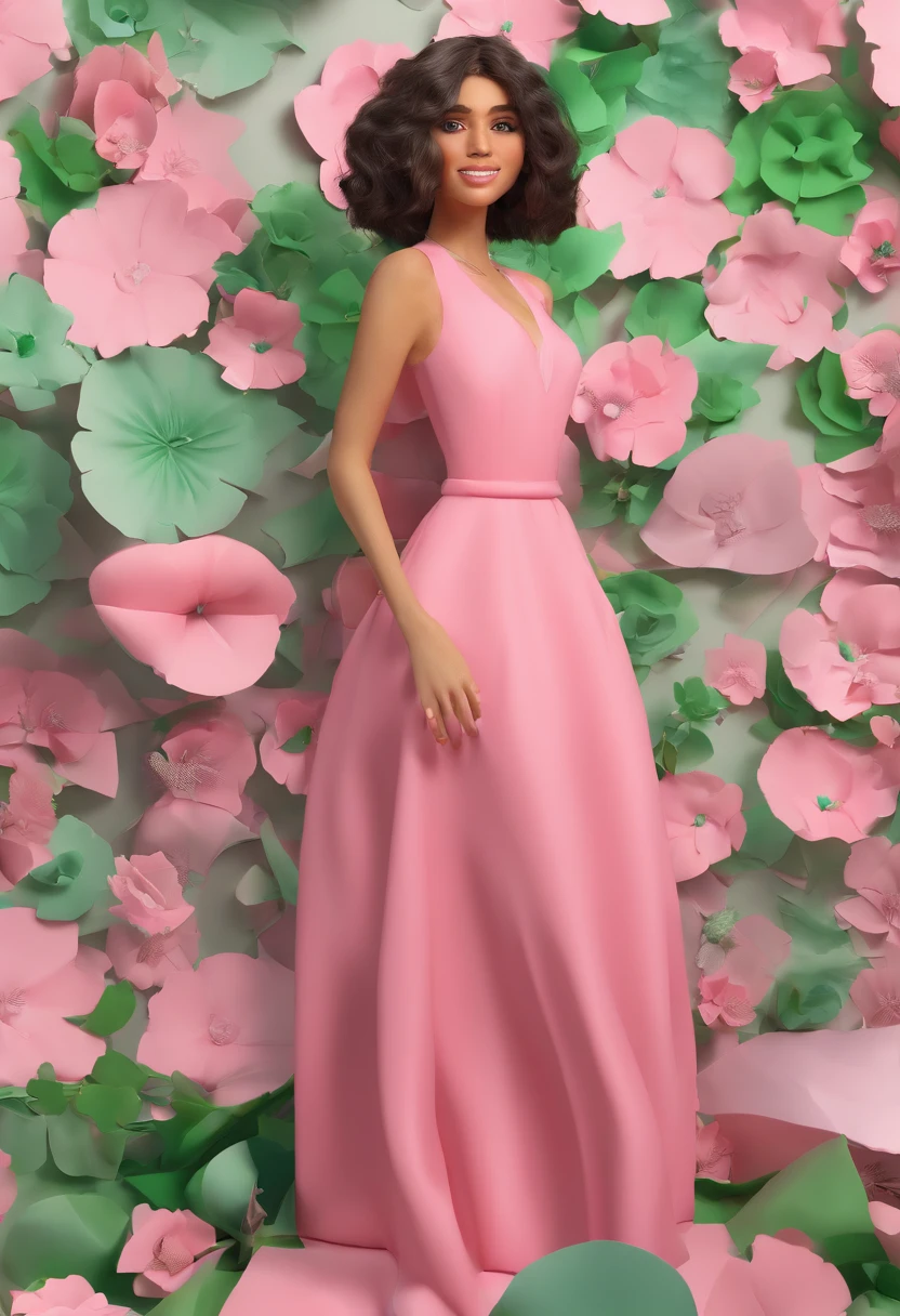 Mulher branca, mulher alta, magra, cabelo preto, cabelo longo, olhos verdes, boca rosada, vestido rosa, vestido longo, jardim
