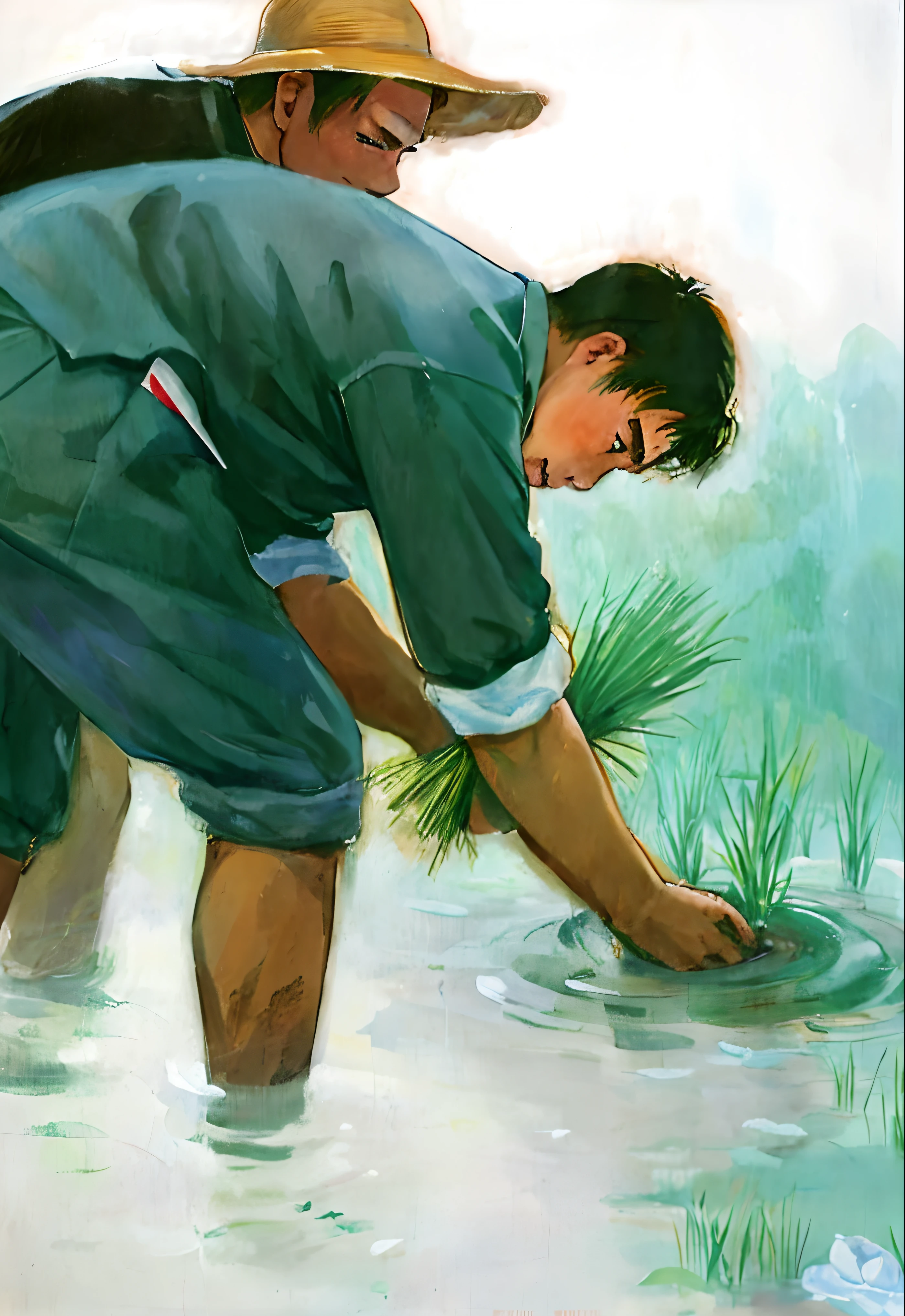 painting of a man and a boy are planting rice in a pond, japanesse farmer, by Yang Buzhi, by Kishi Ganku, by Pu Hua, farmer, inspired by Kōno Bairei, by Guan Daosheng, by Cui Bai, traditional art, by Choi Buk, by Shin Yun-bok, gardening