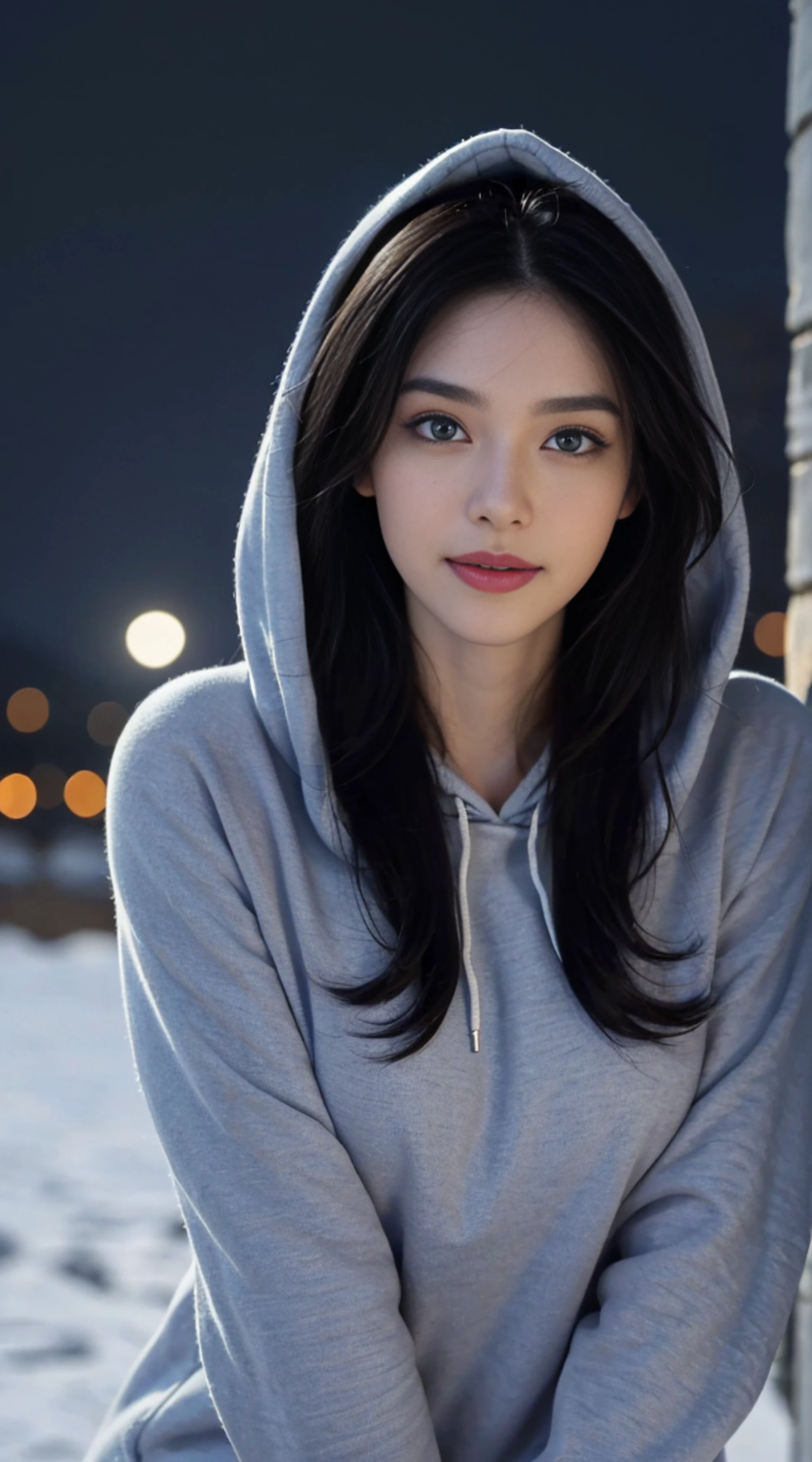 8K, Top Quality, Intricate Details, Ultra Detail, Ultra High Resolution, Masterpiece, random angle,  Slender, Smile, (Makeup: 0.4), (Fluffy Blue Eyes: 1.21), blue Eyes, looking at viewer, ((full body)), 1girl, solo, 1 girl, (( full body)), close up shot, , ((tall)), (((fit body))), (((slim face))), sharp face, sharp eyes, (((black hair, long hair, ))  (detailed face), sharp face, small lips, 
 ((hoodie, naked)),  detailed face, detailed breast, , large breast, detail ass, , Beautiful girl with accentuated slender abs: 1.4, Six Pack Abs: 1.4, Bust Botox, Big, Perfect Body, detail leg, (( moonlight)), top of mountain