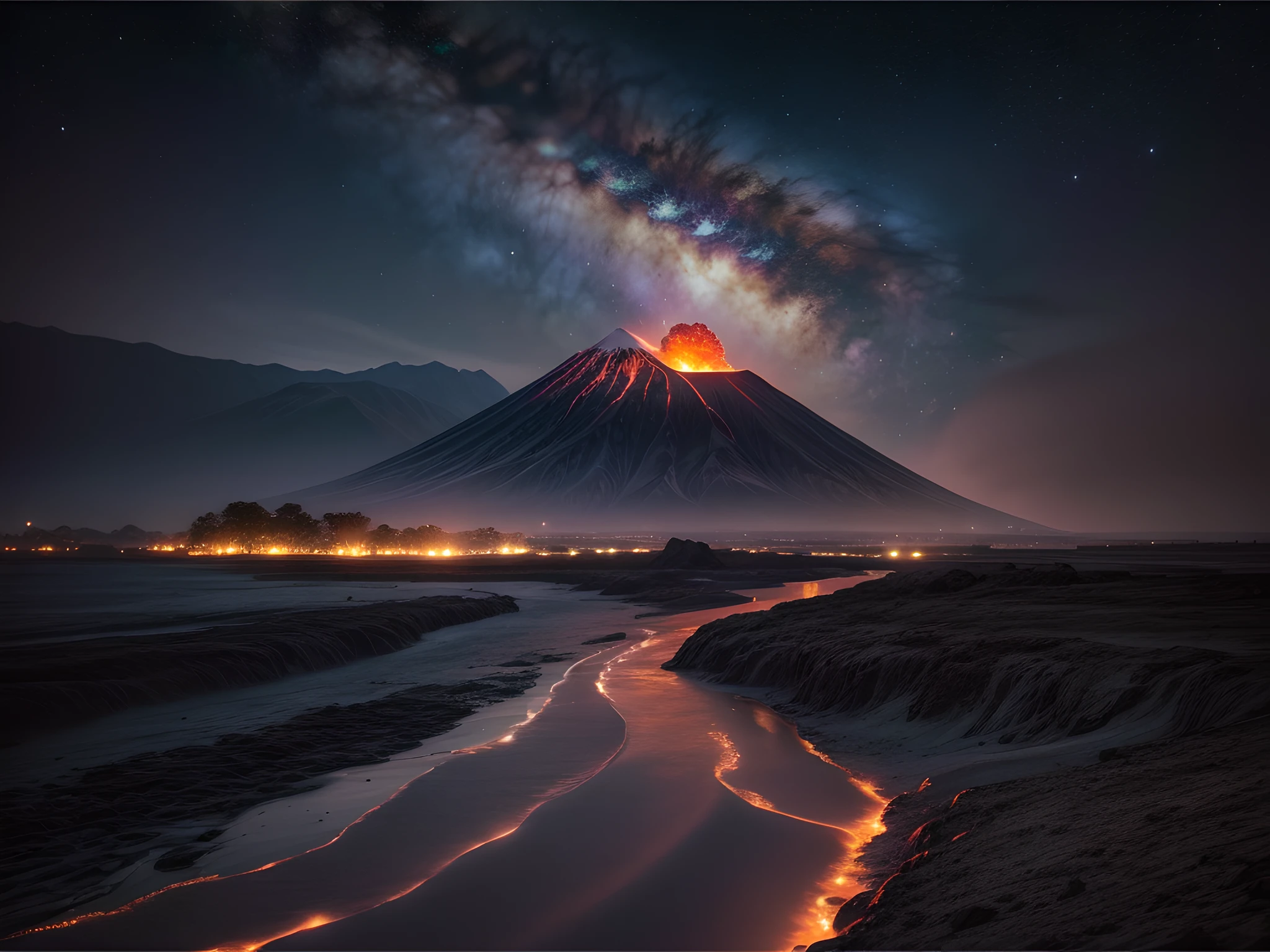 a photorealistic landscape picture of a volcano island erupting in the middle of the sea at night, volcano mountain (best details, Masterpiece, best quality :1.5), streams of lava, streams of lava hitting the sea (best details, Masterpiece, best quality :1.5), some smoke, high contrast, night time, stars, moon light, ultra best realistic, best details, best quality, 16k, [ultra detailed], masterpiece, best quality, (extremely detailed), ultra wide shot, photorealism, depth of field, hyper realistic painting, 3d rendering