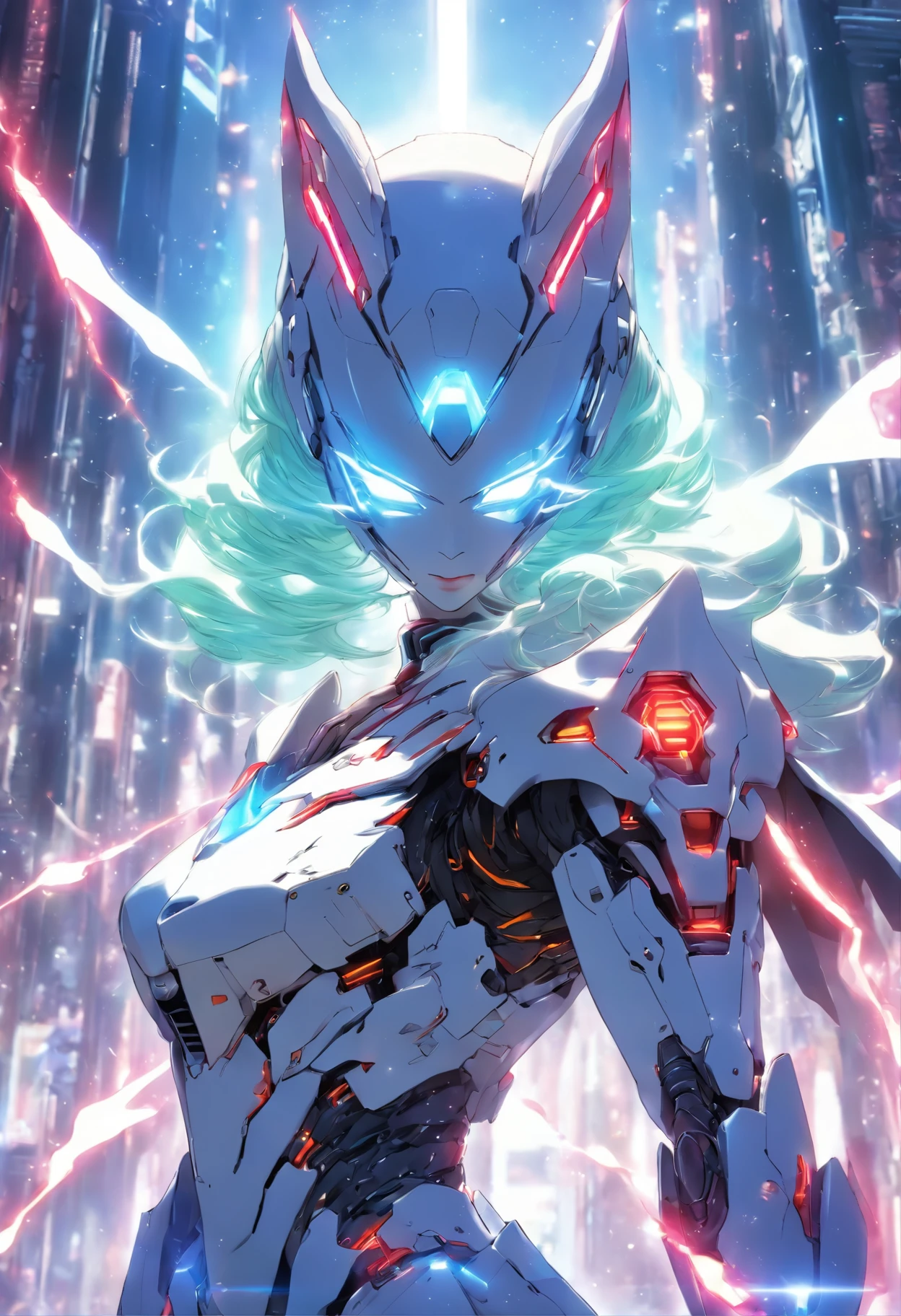 full body shot, hyper realistic, white celestial catwoman mecha bot, wearing minimalist angular mecha gundam mask, wearing cybernetic techwear cloak, with gigantic mechanical Additional Booster wings, sleek design, dark fantasy, futuristic environment, heroic pose, --niji 5