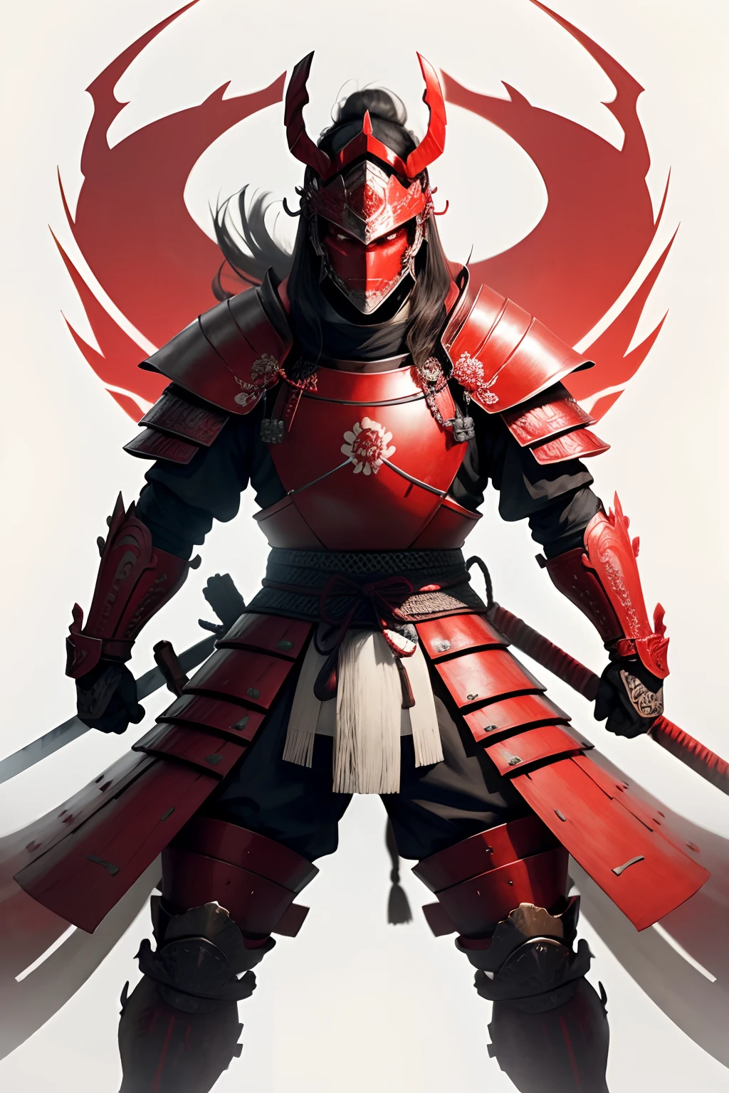 white background, Samurai with cover face, big samurai hay, red samurai armor, prayer hand positions with red armor on, dragon samurai mask with red eyes, full body