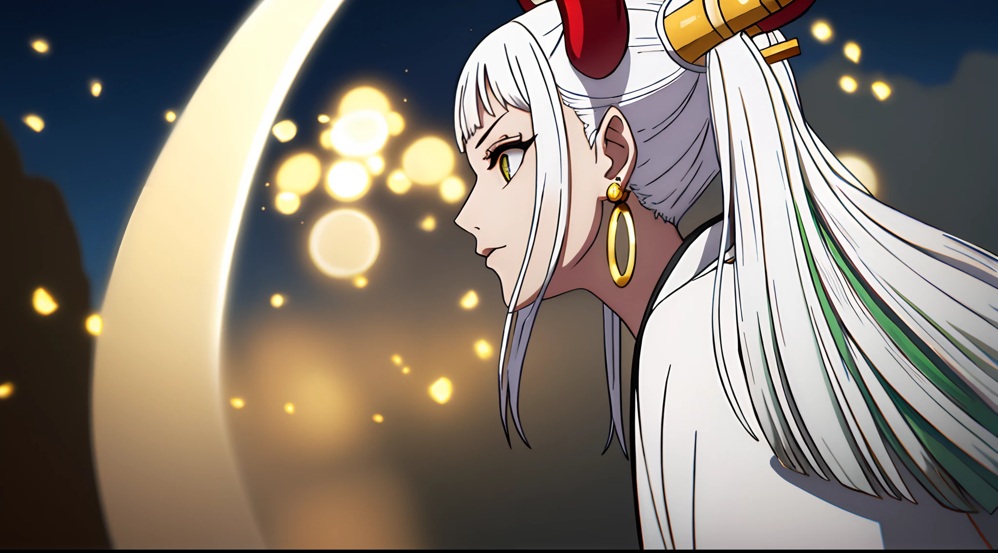 1girl, yamato_5000, white hair, green hair, gradient hair, horns, wanostyle, ring earrings, ((masterpiece)), ((best quality)), extremely detailed, bloom, kimono, traditional clothing, depth of field, sketch, dark intense shadows, sharp focus, soft lighting, darkness, good composition, solo, outdoors, night moon, from below, upper body, light from behind,