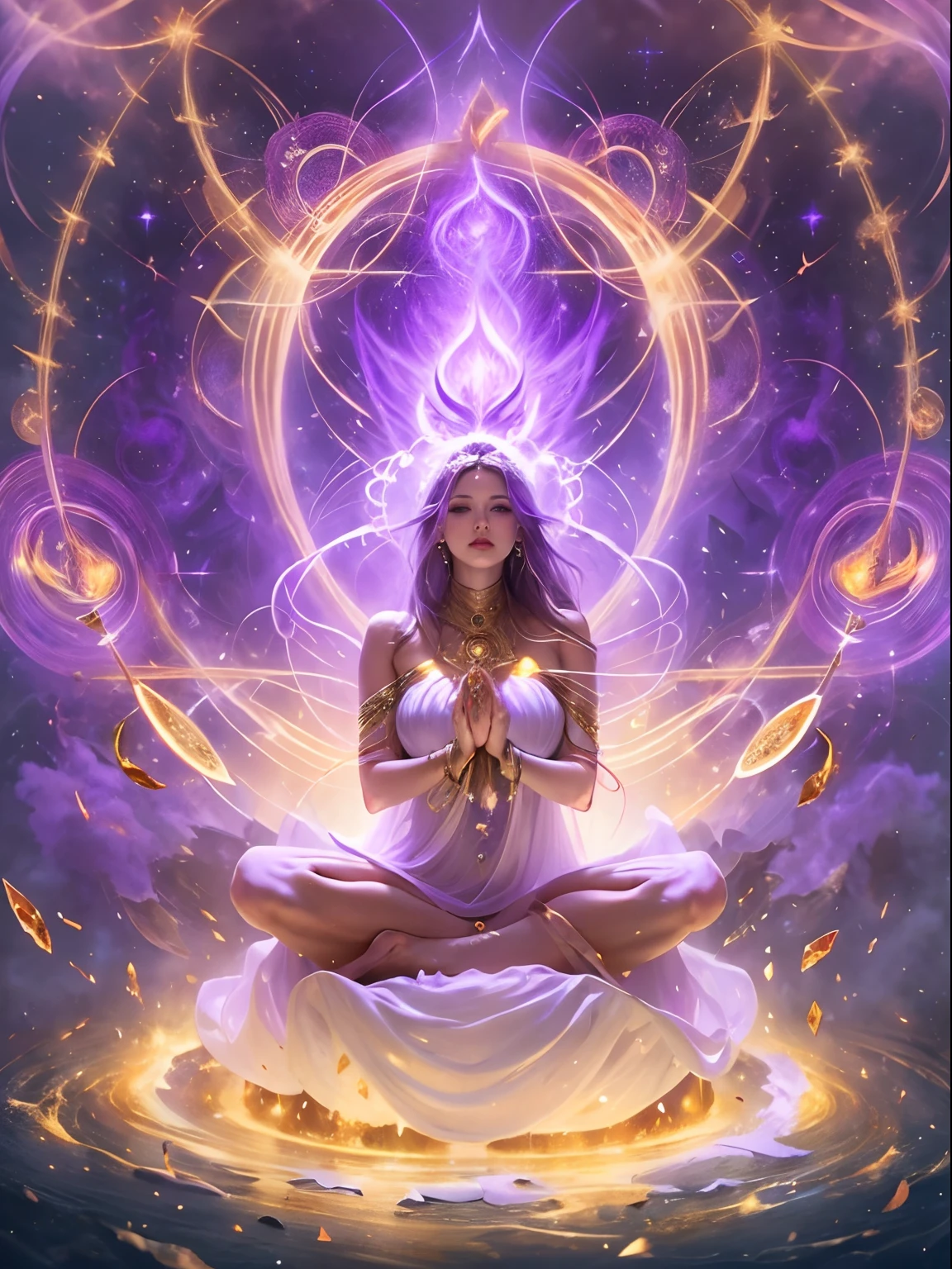 Immortal goddess, super beautiful, 8k, super big breasts, meditating, light white cloth covering part of her body, sitting cross-legged, golden glowing magic circle rotating behind her, magical violet aura surrounding her parts, magical violet fire, fantasy, milky way background, (4  elements, fire, water, wind, earth, surround it),