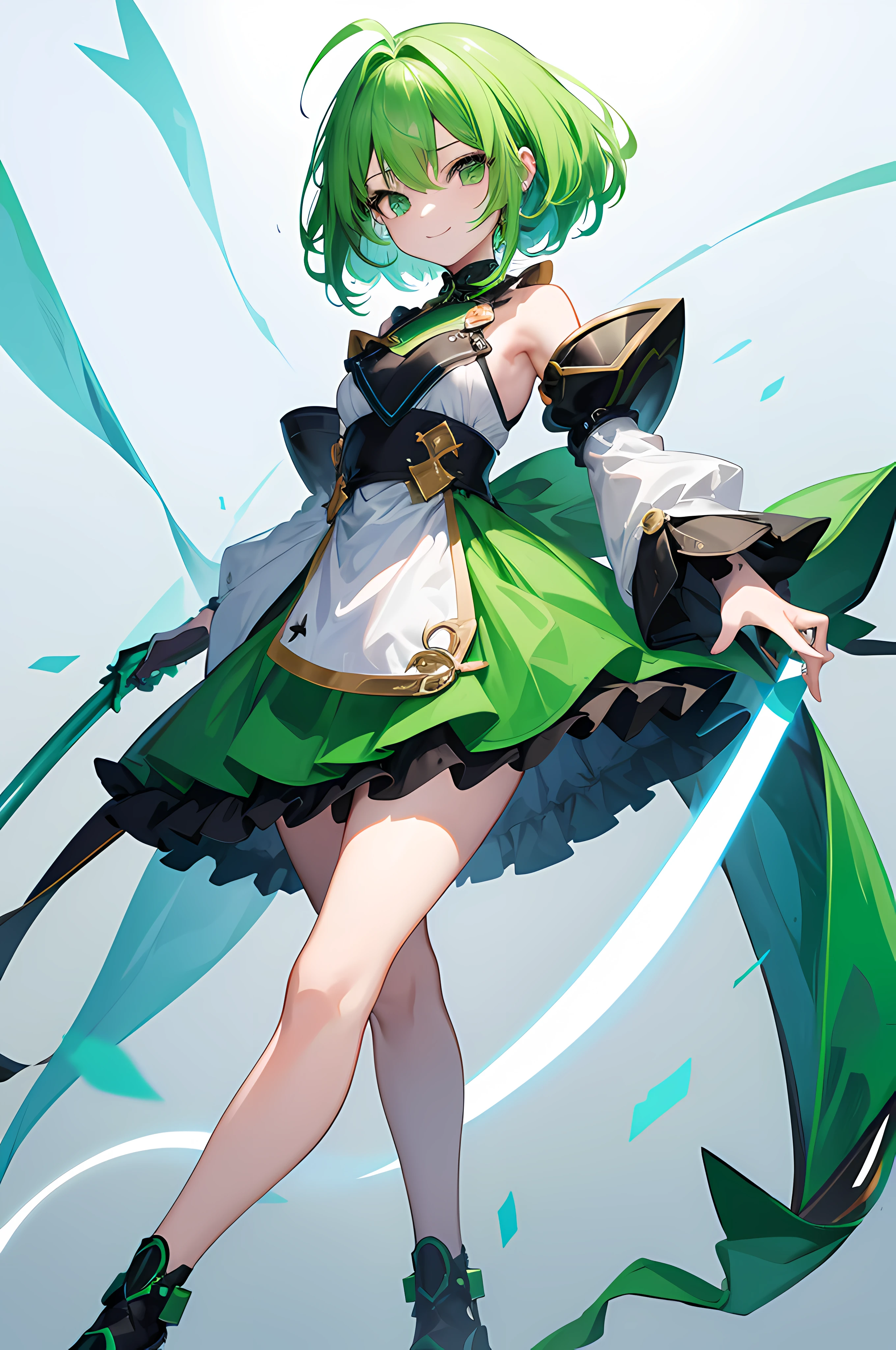 ​masterpiece、A smile、1girl in、Fulll body Shot（Full body shot）、Green hair、Green costume、a cool、Stylish、shinny skin、Kawaii Girl、Challenging face、a cool、Strong、long、action、独奏、Green eyes、Cool Girl、full body Esbian、white backgrounid、simple background、solidbackground、full body Esbian、fullllbody