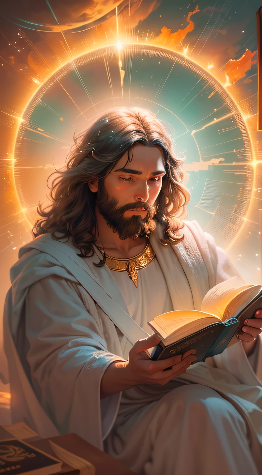 A painting of Jesus reading a book with a glittering aura, Bible illustrations, holy fire spell art, the lord and savior, My God, Religious images, Your mind is thinking about eternity, holy flame spell, A glowing halo overhead, Beautiful depiction, Sacred images, concept art of god, director: Alexander Giemsky, artistic depiction, Divine Light of Light