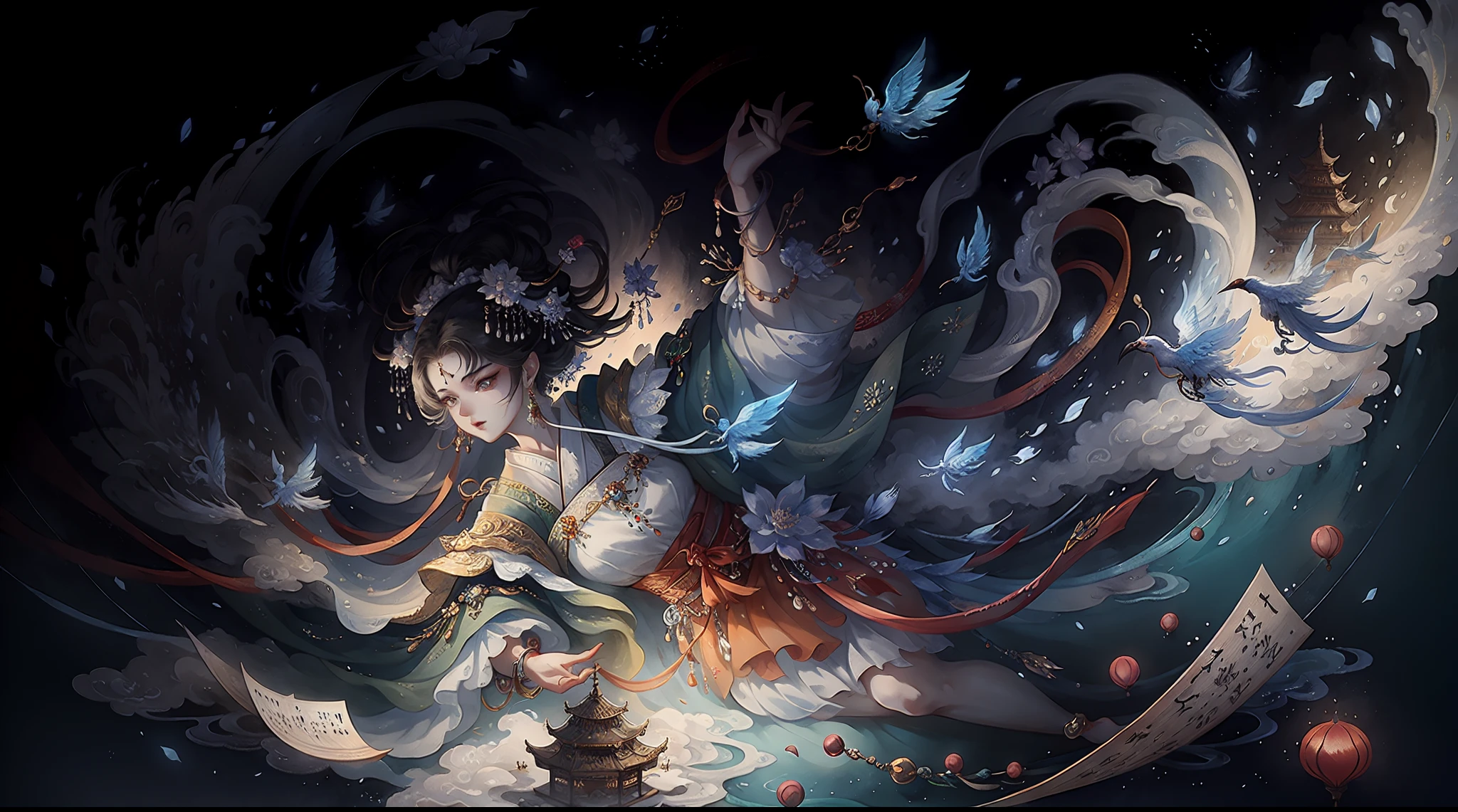 full bodyesbian,A goddess, Beautiful facial features,Chinese costume, Hanfu, Headwear, Hair accessories, Earrings, jewelry,Fairyland on earth, Soft light, Tradition Chinese Ink Painting,delicated face,Normal hands,Ancient Chinese landscapes,fantasy,Floating island,Chinese style buildings,The crane flies in the air,palaces,Pavilion,ink and watercolor painting,in wonderland , rays of sunshine, white backgrounid, tmasterpiece, super detailing, Epic composition, hyper HD, high qulity, extremely detaile, offcial art, 统一 8k 壁纸, super detailing, 32K,High picture quality,A high resolution,(Very detailed CG unity 8K wallpaper),