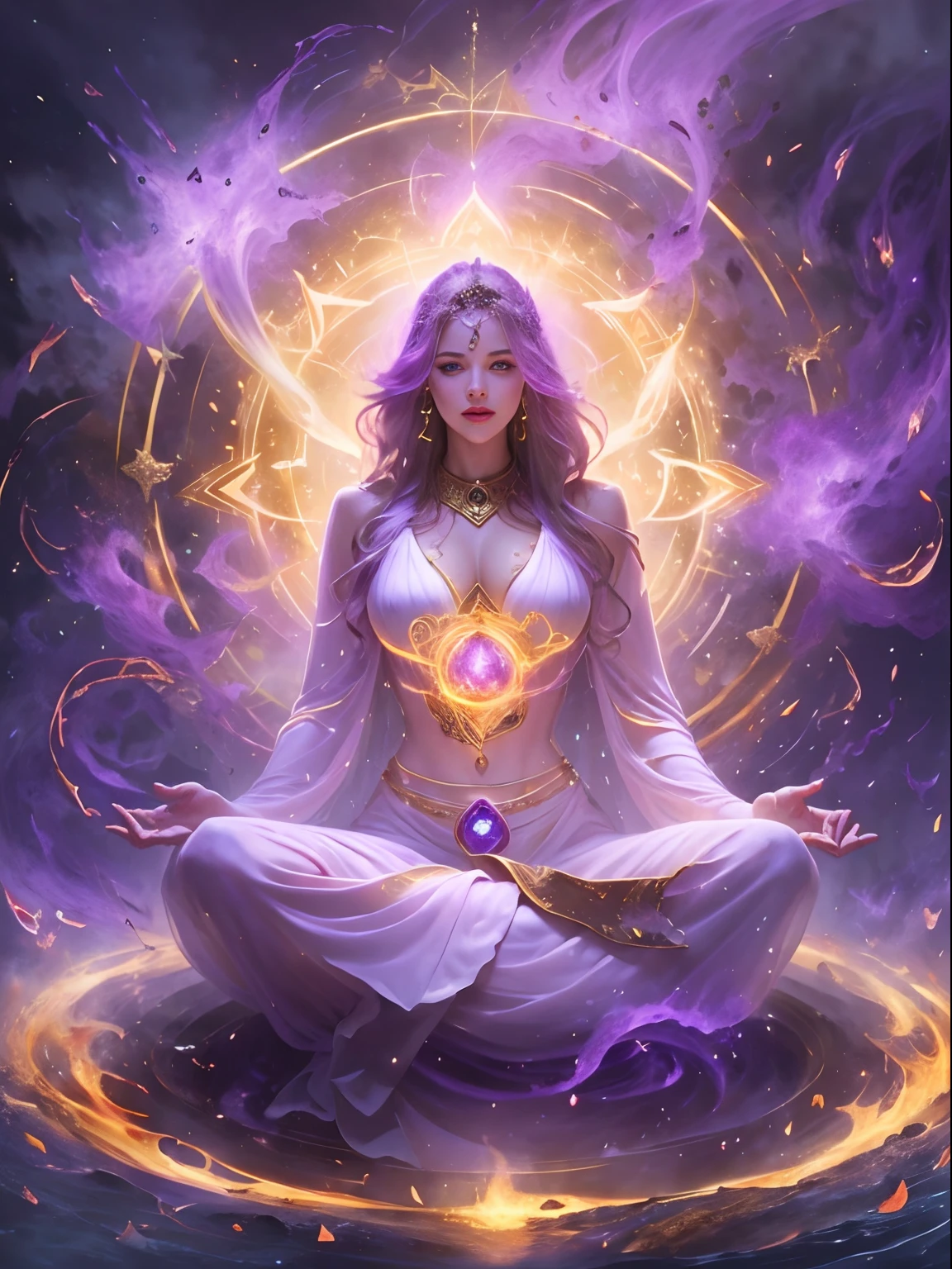 Immortal goddess, super beautiful, 8k, super big breasts, meditating, light white cloth covering part of her body, sitting cross-legged, golden glowing magic circle rotating behind her, magical violet aura surrounding her parts, magical violet fire, fantasy, milky way background, (4  elements, fire, water, wind, earth, surround it),