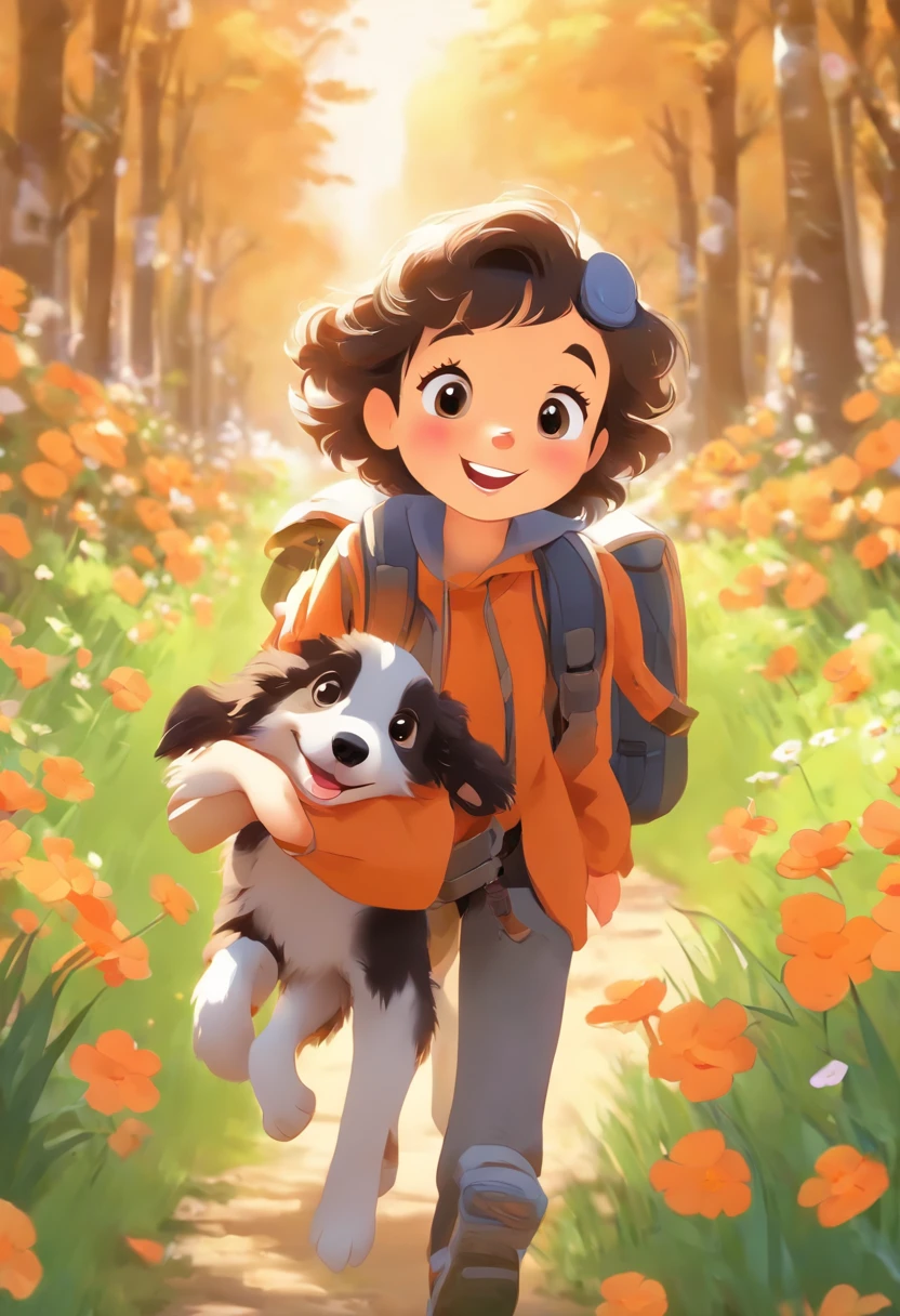 A very charming little girl with a backpack and her cute border collie puppy，Enjoy a lovely spring outing surrounded by beautiful orange flowers and nature。The illustration is a high-definition illustration in 4K resolution，With very detailed facial features and cartoon-style visuals。